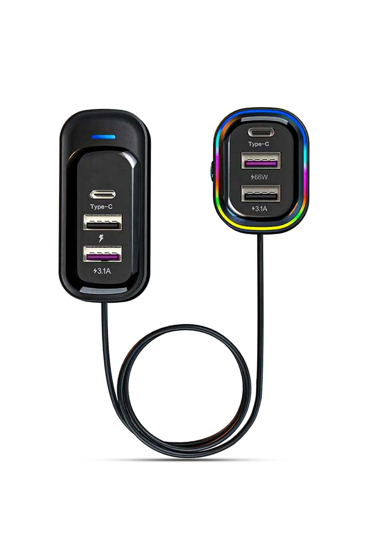 Timebox-Încărcător auto 66W, încărcare super rapidă, 6 în 1, USB-C, USB, lumini LED, universal, negru 1