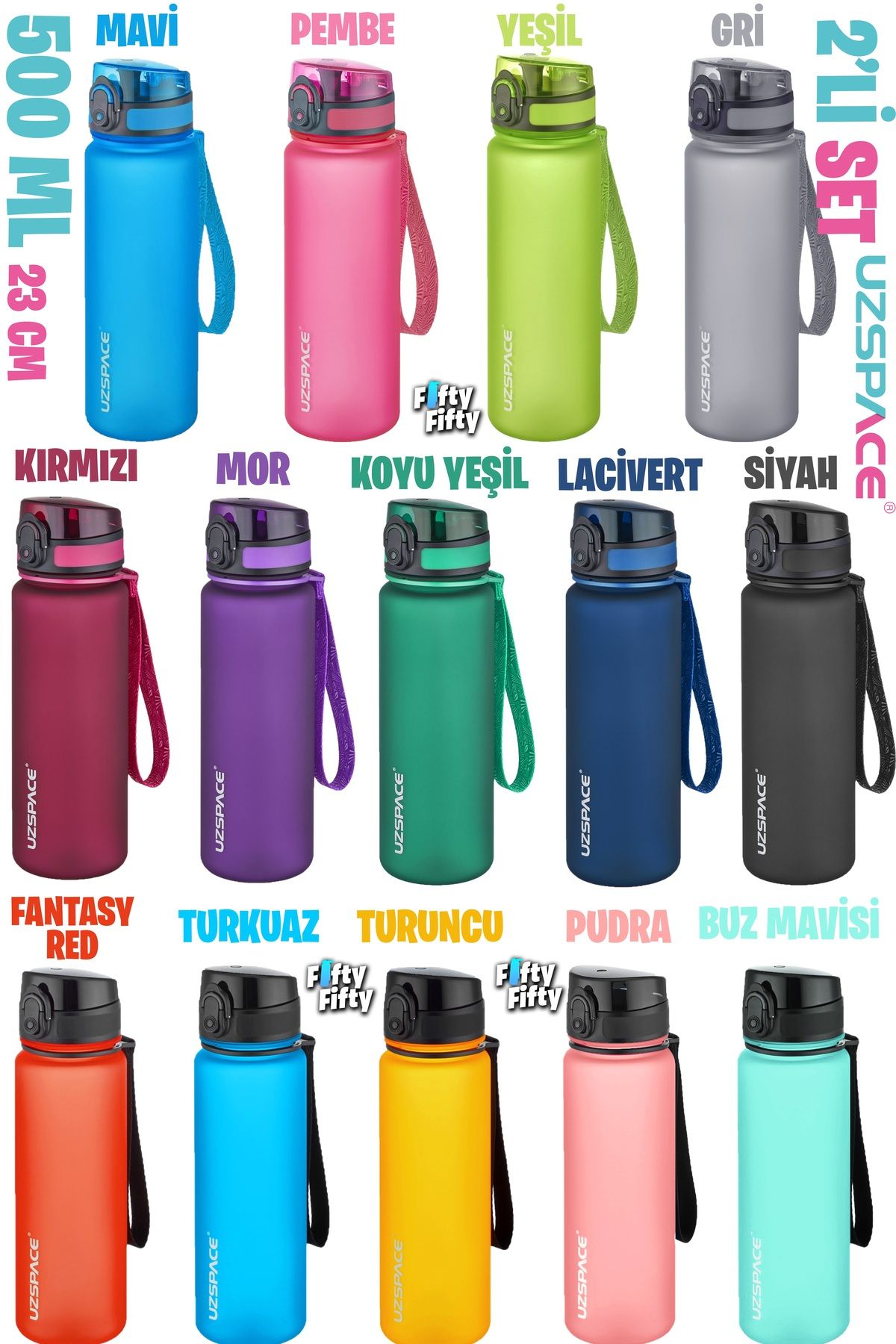 Uzspace-Set of 2 Tritan Flask 500 ml 14 Different Color Options Fiftyfifty 6