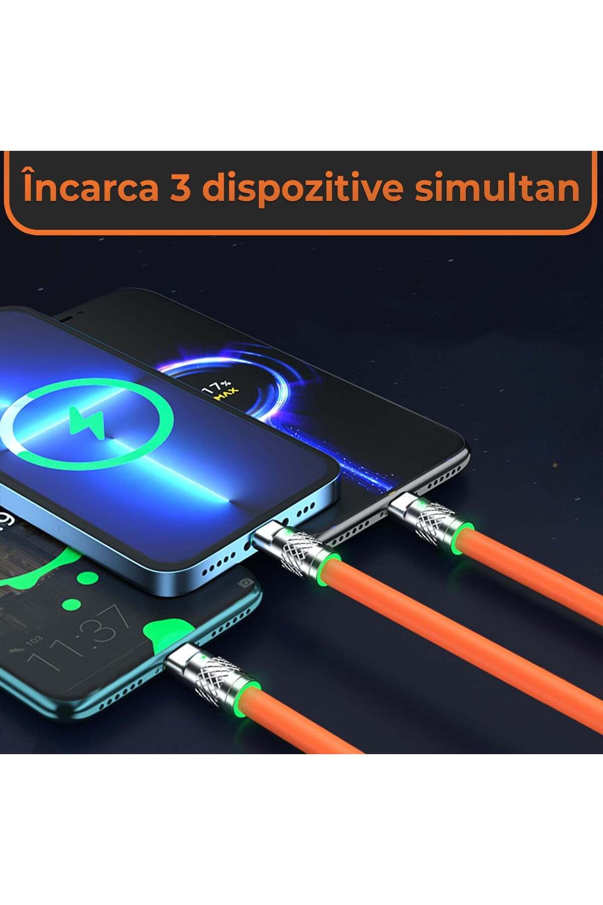 Timebox-Cablu de date și încărcare rapidă, 3 în 1, 120W, QC 3.0, USB, USB-C, iluminare, 1,2 m, portocaliu 4