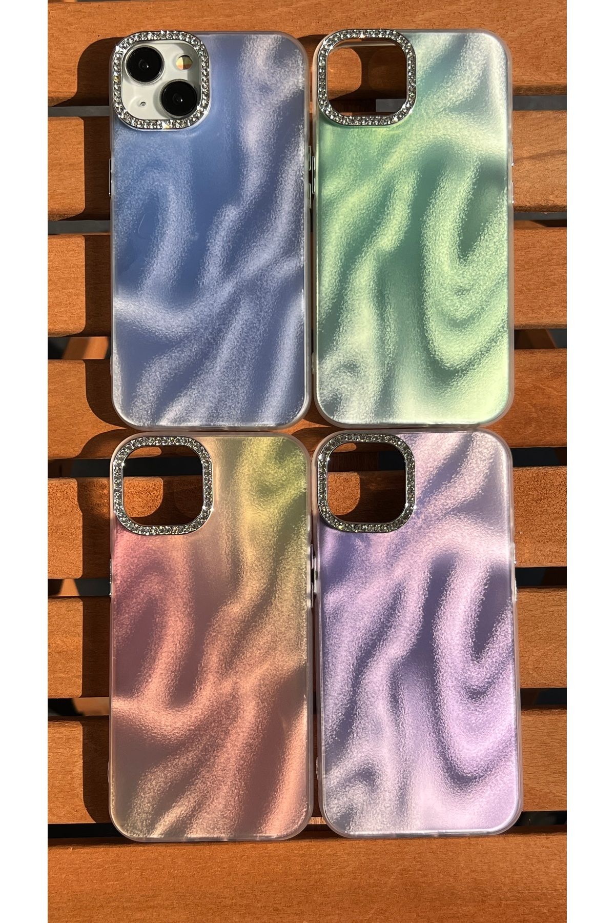 EDELFU-iPhone 13 / 14 Satin Wave Texture Case - Cover with Sparkling Powder Effect with Stone Camera Frame 2