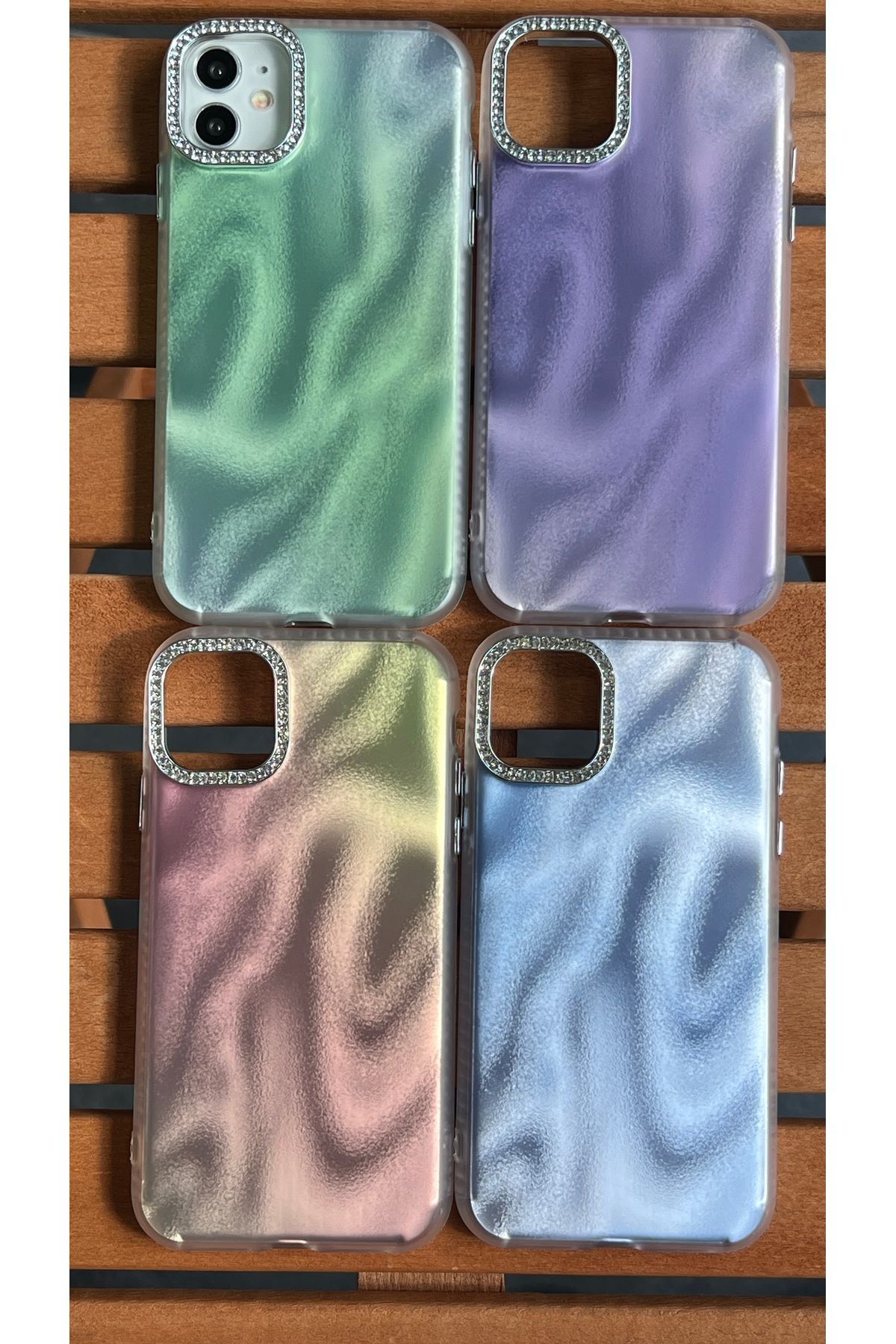 EDELFU-iPhone 11 Satin Wave Texture Case - Cover with Glitter Dust Effect with Stone Camera Frame 3
