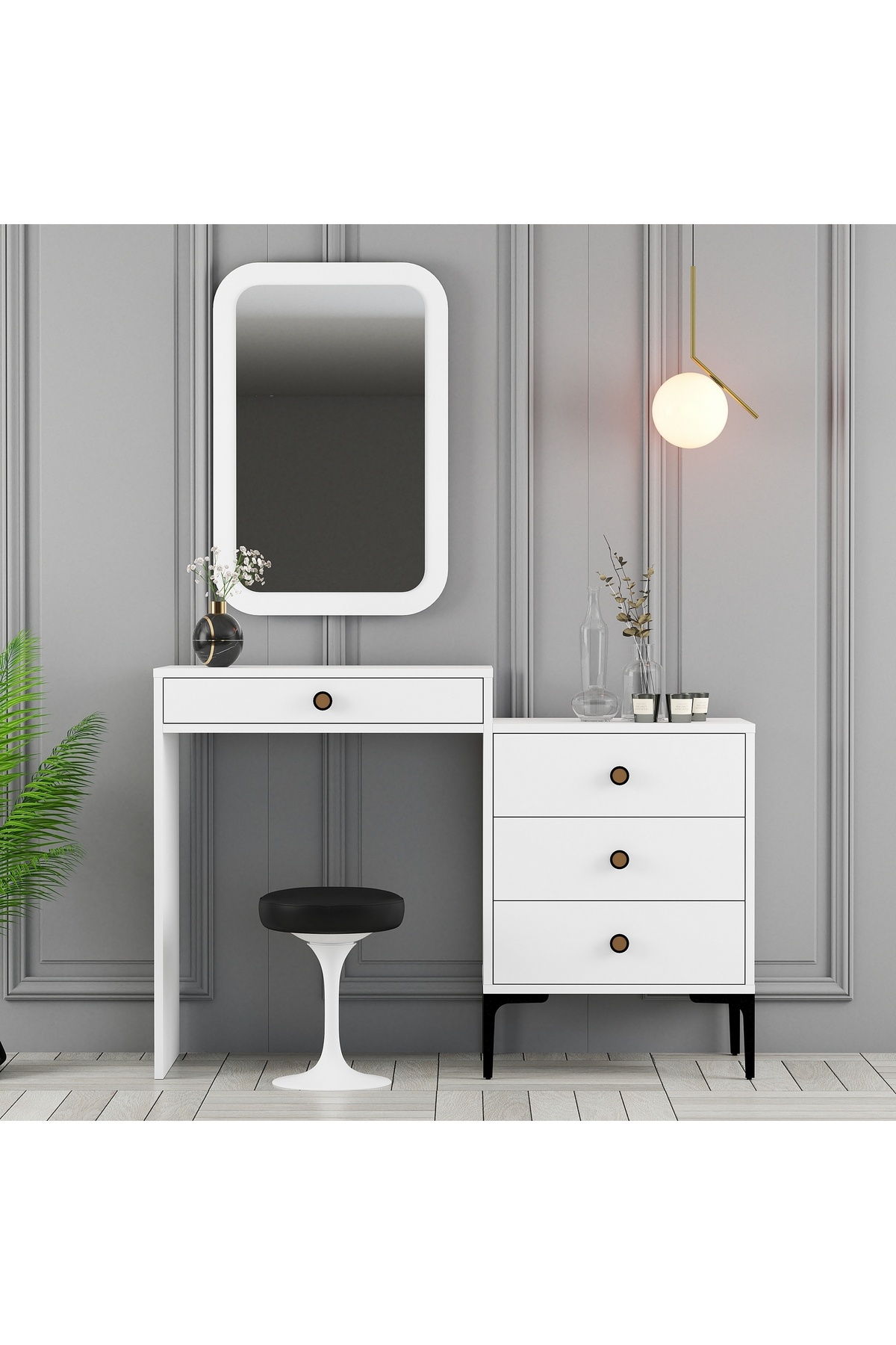 Mirrored Dresser with Makeup Table V210 - White