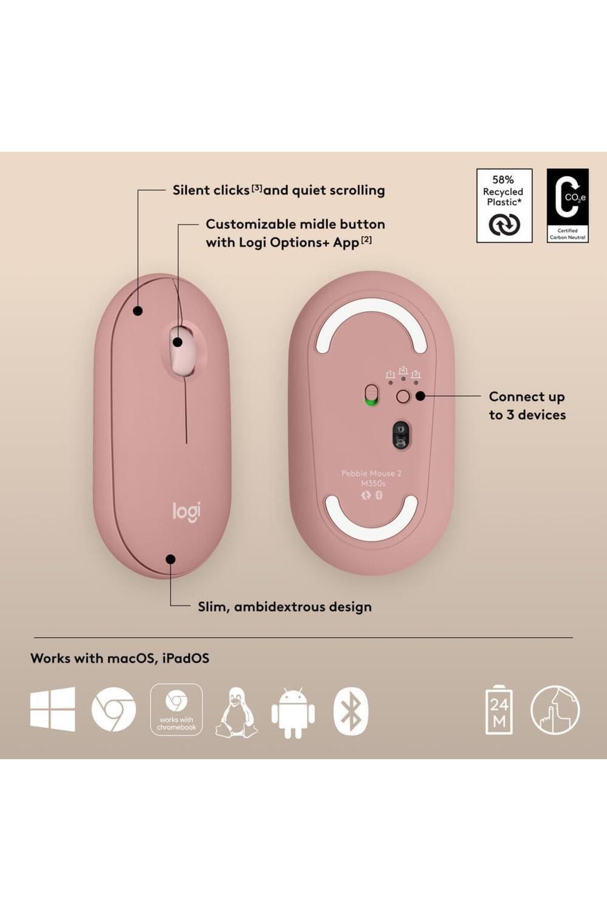 logitech-ماوس Pebble Mouse 2 M350s رفيع لاسلكي يعمل بتقنية البلوتوث باللون الوردي 5