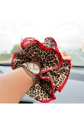 BY CBK Kırmızı güpürlü leopar çift kumaşlı lastik toka