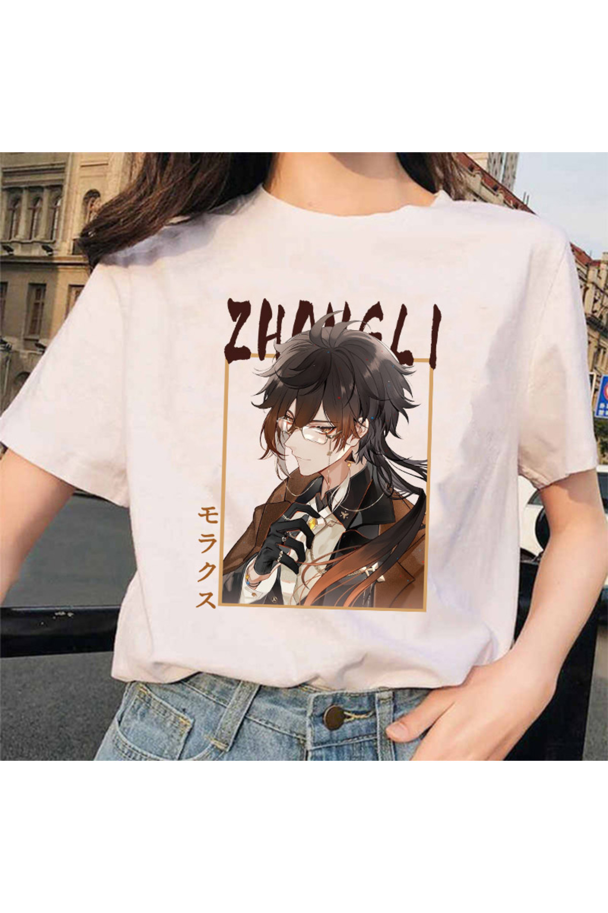 White Genshin Blow Zhong Li Morax Tees Short Sleeve100 Summer Cartoon Streetweed
