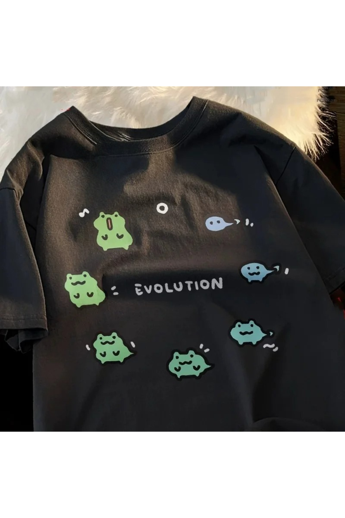 Black new frog evolution print japanese Retro streetwear summer tee vintage