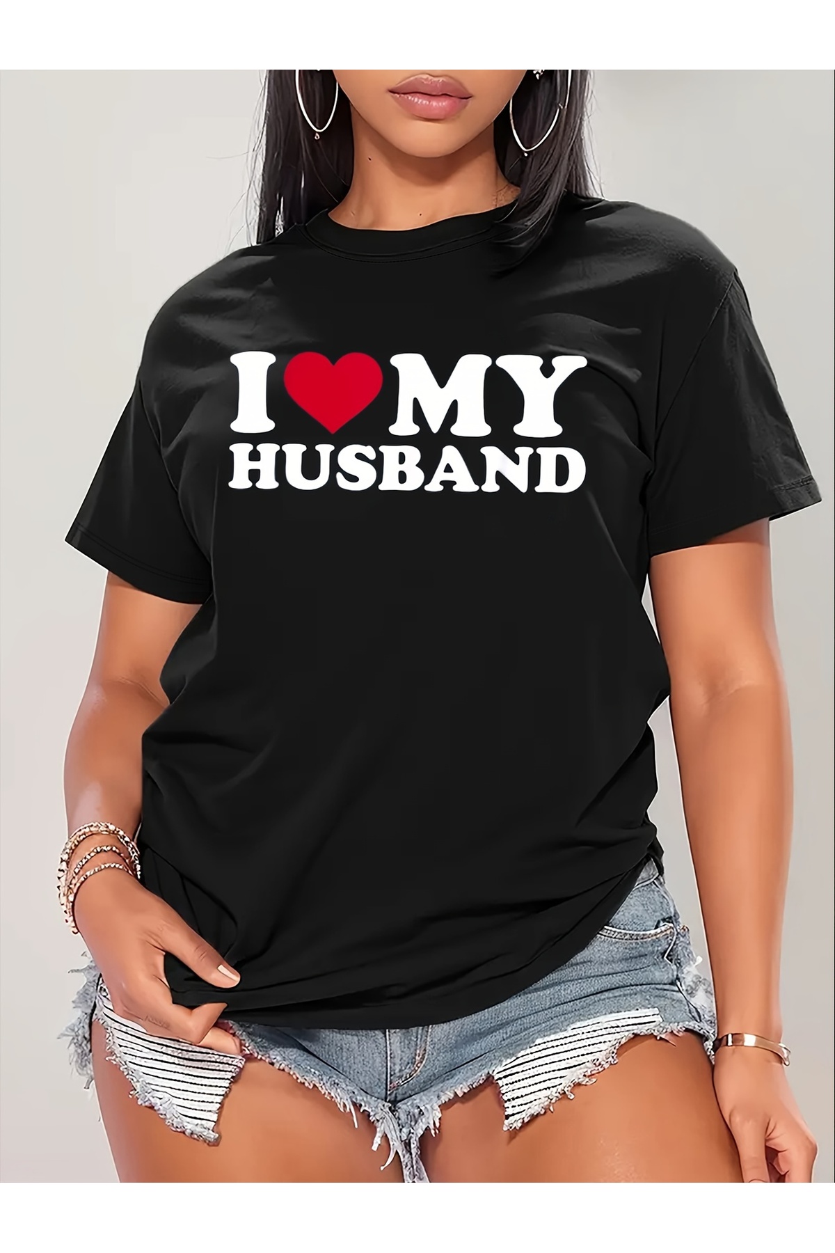 Black easy care heart husband love print tee - stretch team neck base for chic summer style