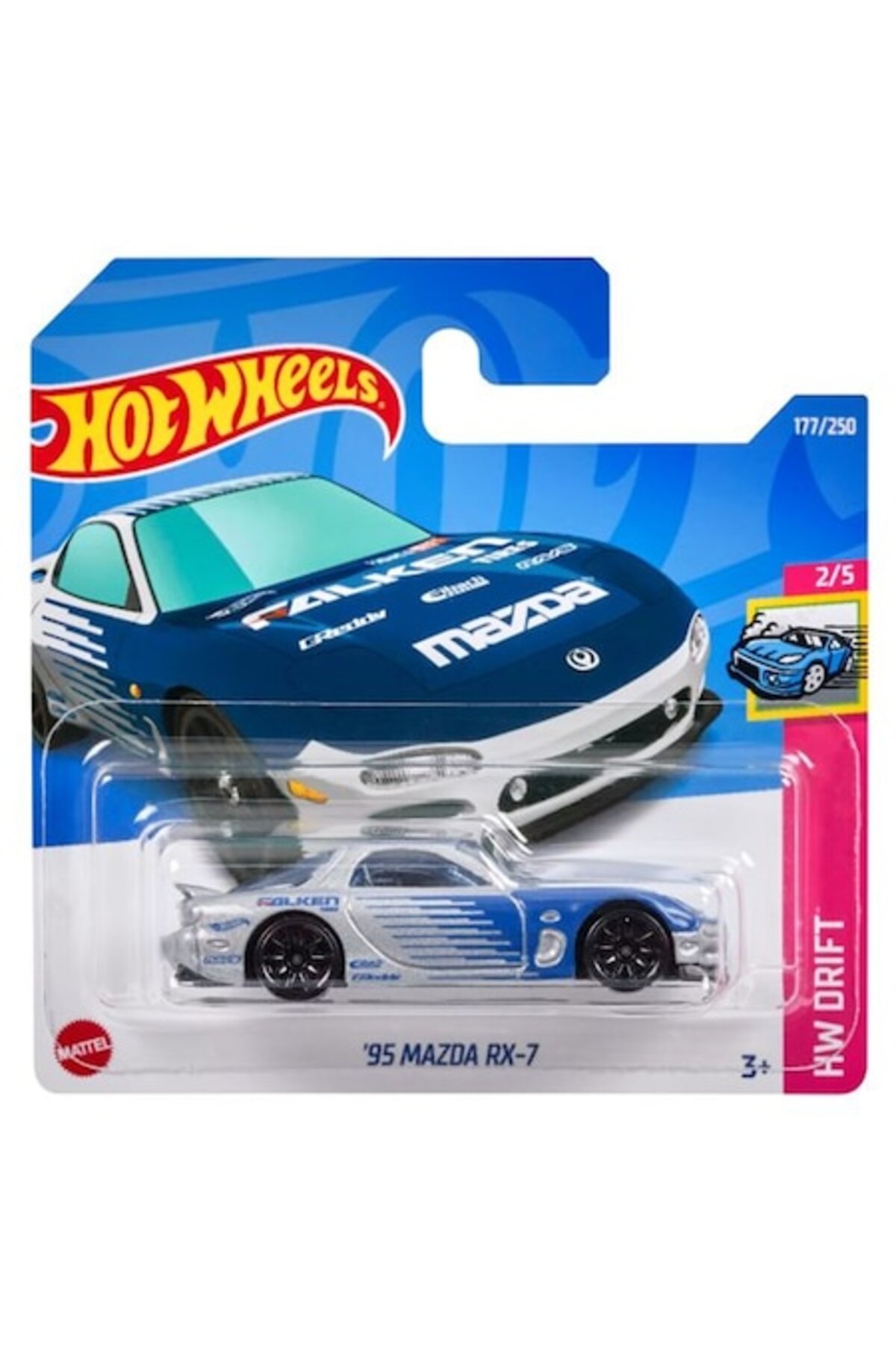 Machetă metalică Hot Wheels Mazda RX-7 Falken, Colecția 2022, 1:64, Albastru