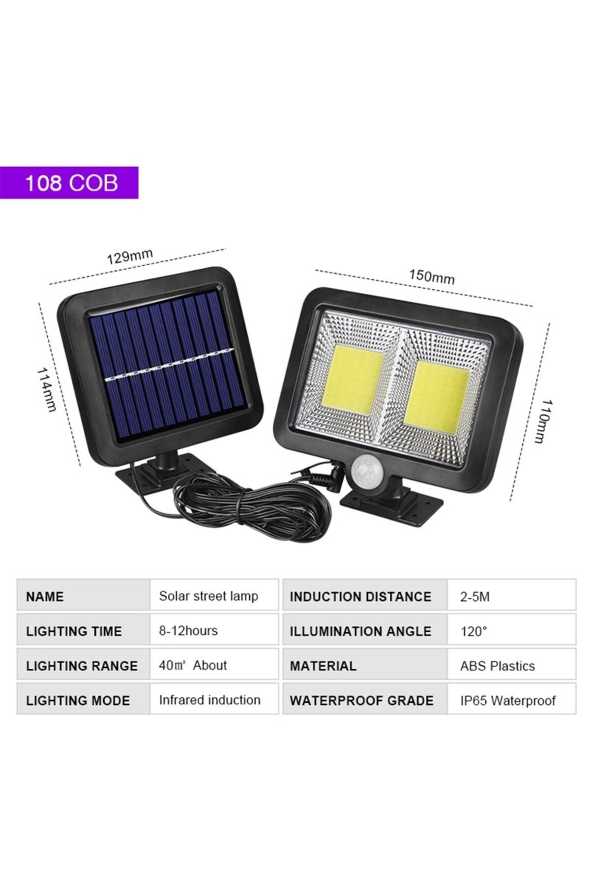 OEM-Solar lamp with motion sensor, 108 COB LED, 2 grids, ip65, black 3