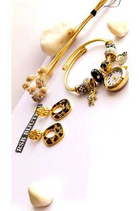 RSB Bijuteri Küpe Sallantılı Leopar ve Bileklik Saat PandoRSB Altın Kaplama 2...