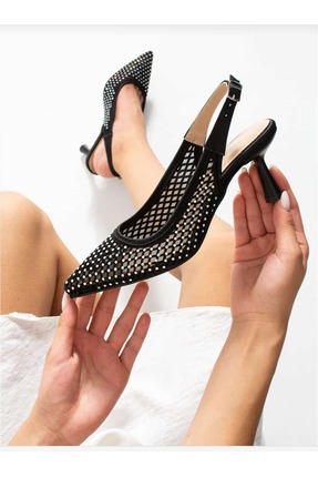 Holdays 01 model file üstü siyah saten taş detaylı kadın abiye ayakkabı