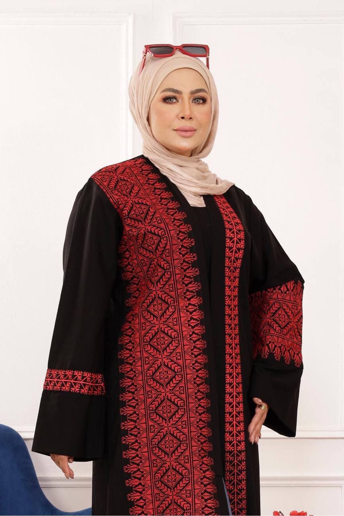 Lyaly aljlabyh-Al-Baraq Jalabiya, an open abaya with luxurious geometric embroidery in silver and black, for an elegant and modern look. 1