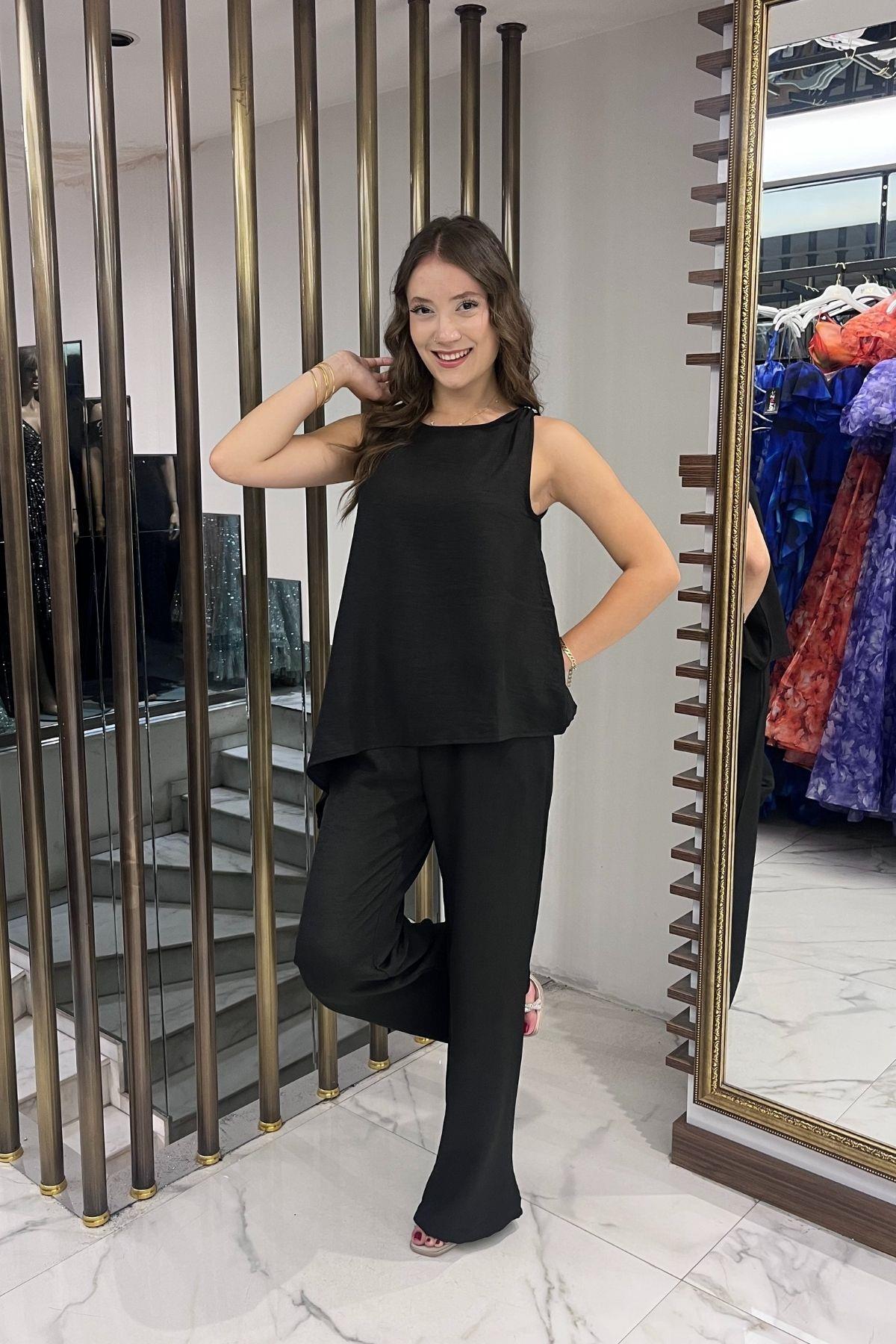 Women's Buckle Detailed Skirt Asymmetrical Blouse Elastic Waist Pocket Palazzo Trousers Linen 2-Piece Set