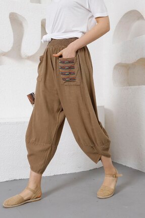 NEW JOURNAL Kadın etnik nakışlı cepli keten pantolon