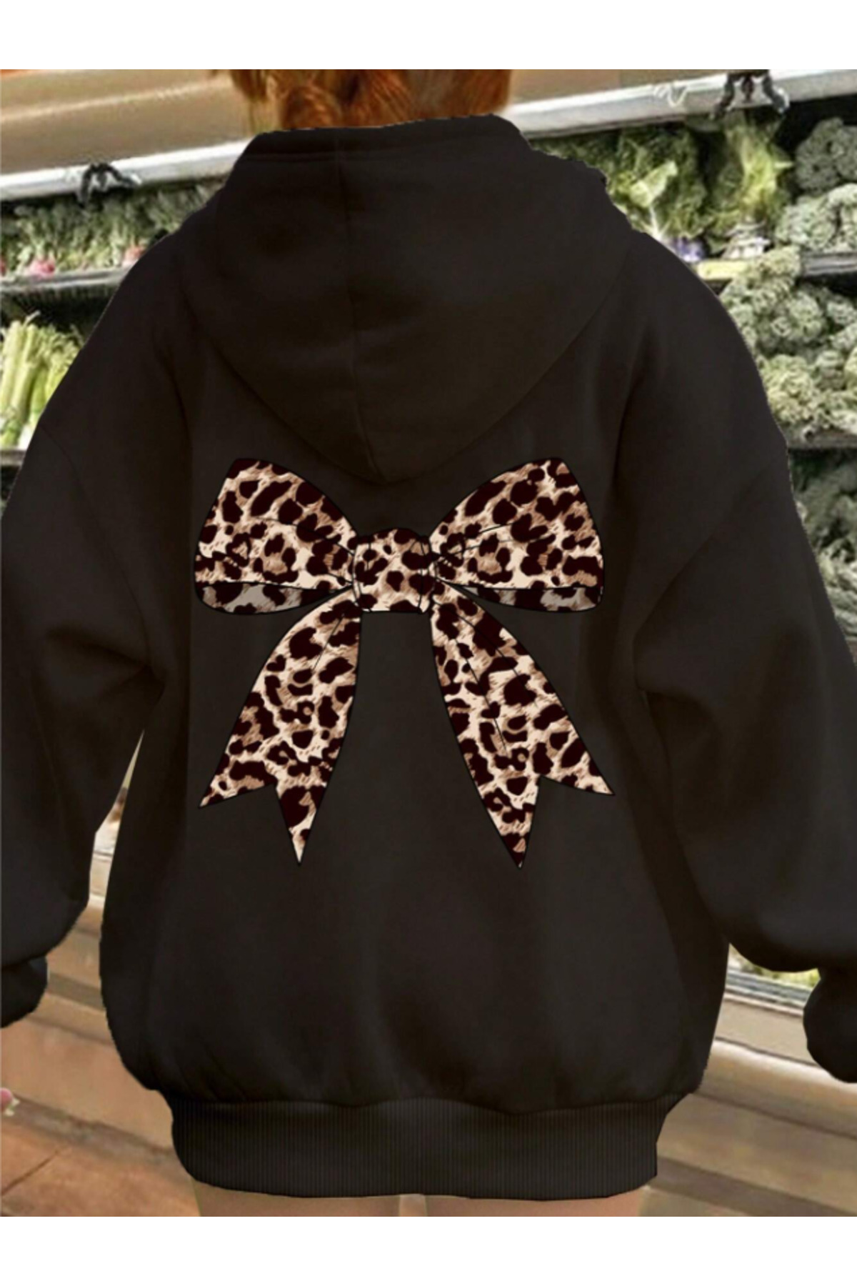 Framgan Unisex Kadın/Erkek Y2k Leopar Kurdele Detay Baskılı Pamuklu Oversize Kapüşonlu Sweatshirt Hoodie görsel 4