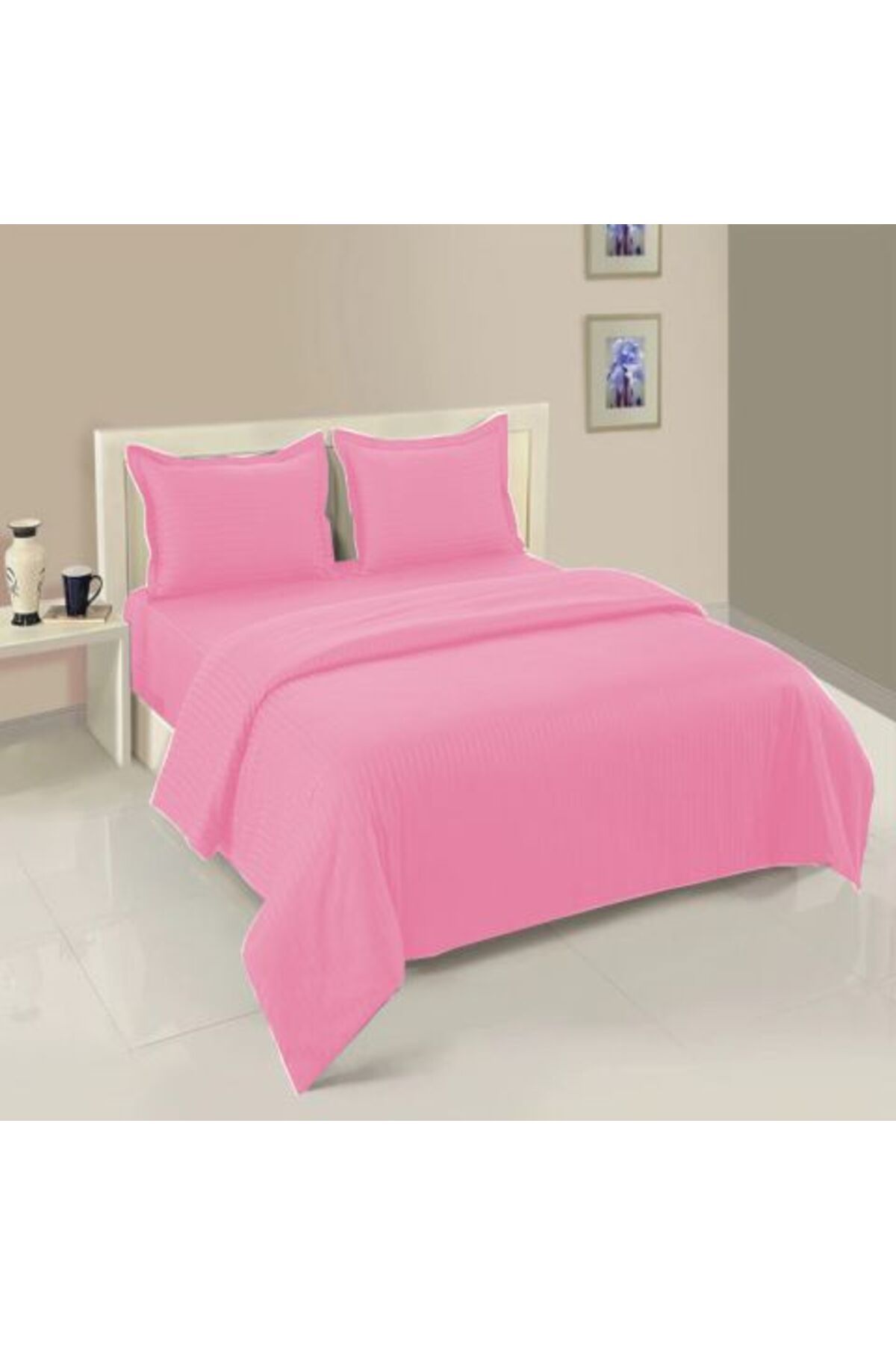 HomePuls-Bed Linen Set with Elastic for Mattress - Damask Polycotton Stripe 1 cm, Roz Bonbon 2