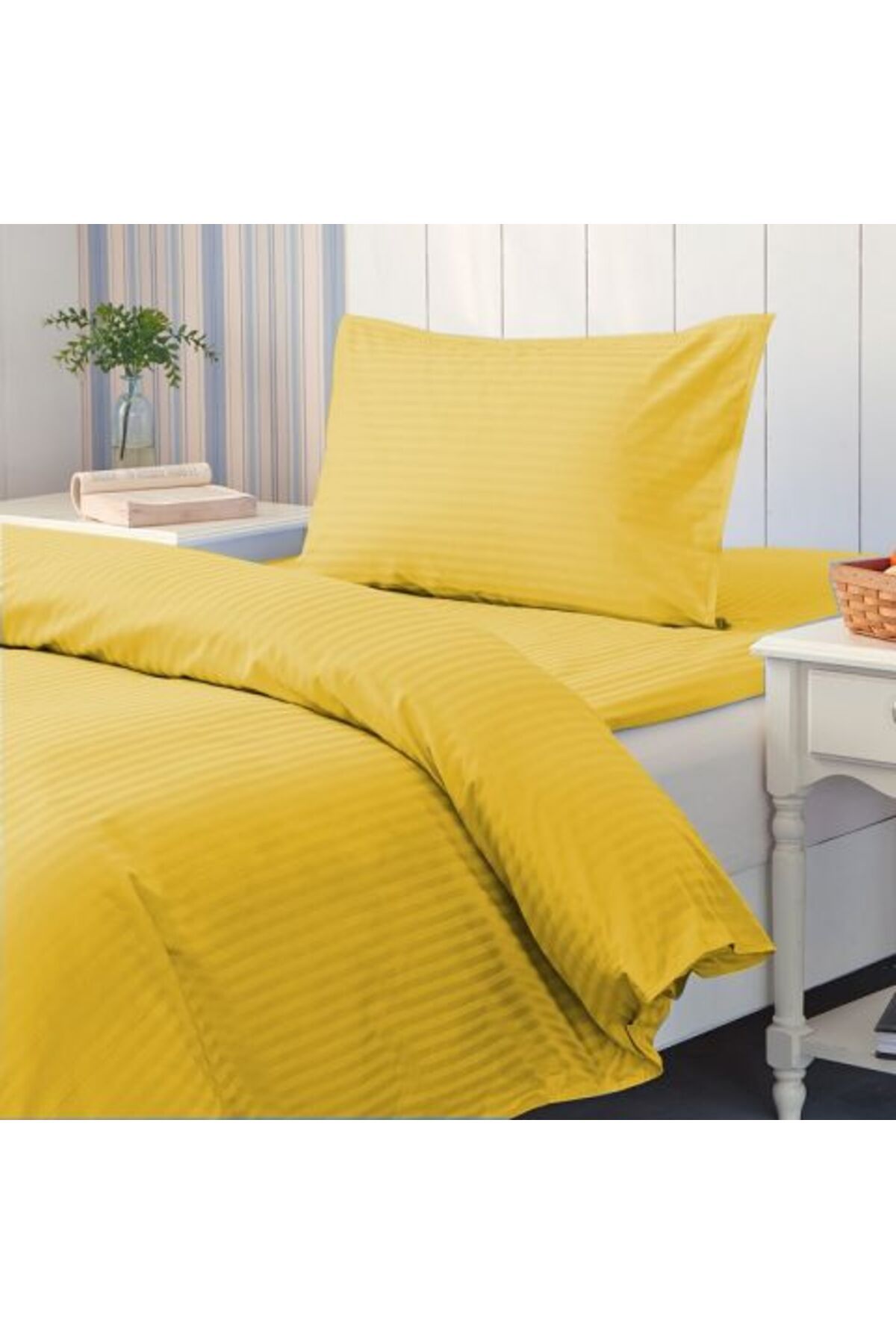 HomePuls-Bed Linen Set with Elastic Sheet, Damask Polycotton 1 cm Stripe, Yellow 2