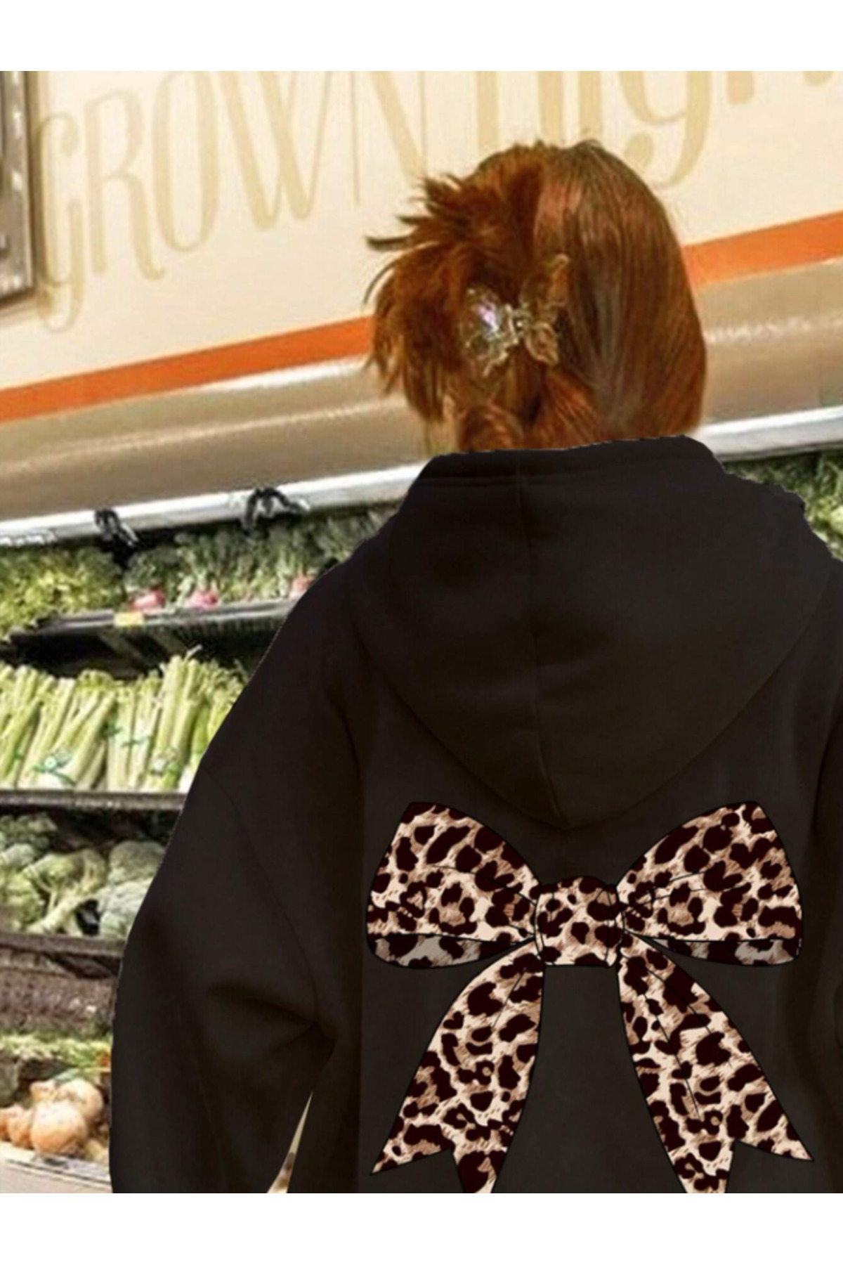Framgan Unisex Kadın/Erkek Y2k Leopar Kurdele Detay Baskılı Pamuklu Oversize Kapüşonlu Sweatshirt Hoodie görsel 3