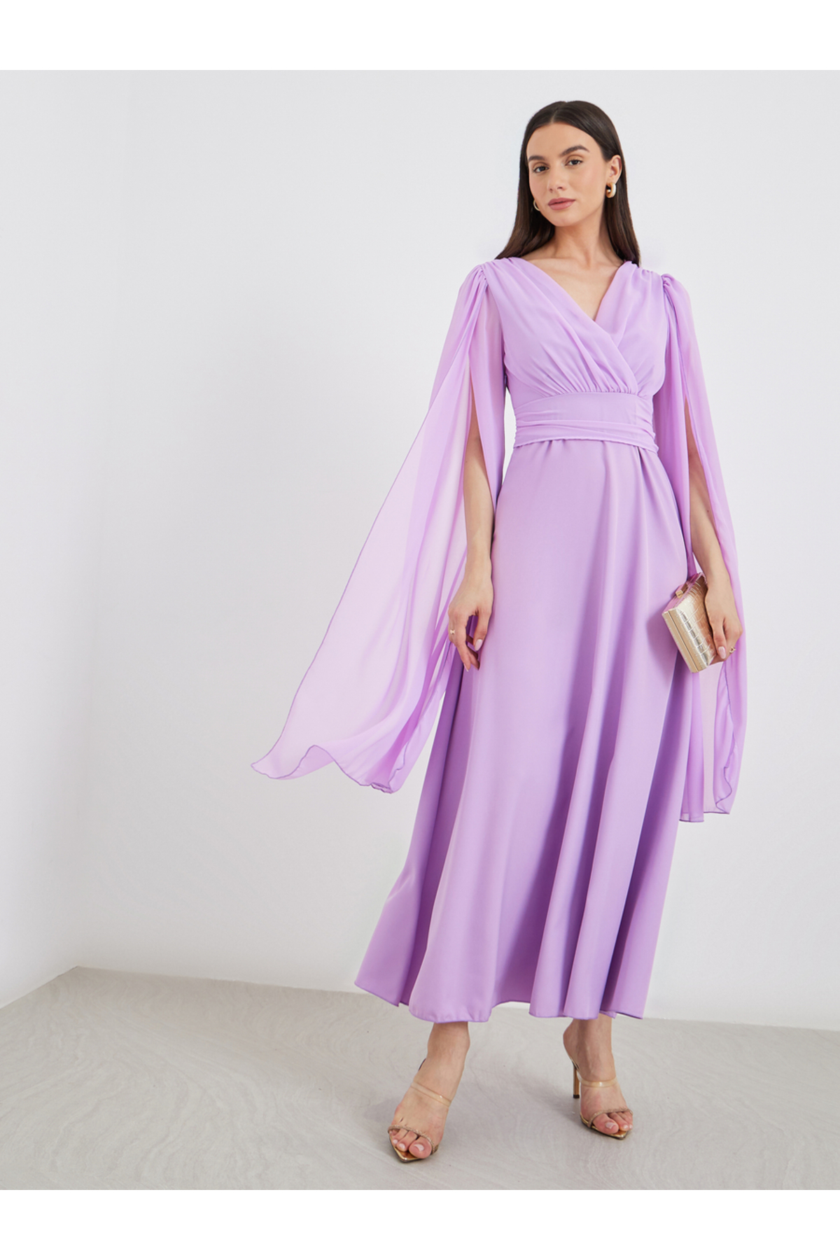 Styli Cape Sleeve Pleated Detail V-Neck A-Line Maxi Dress