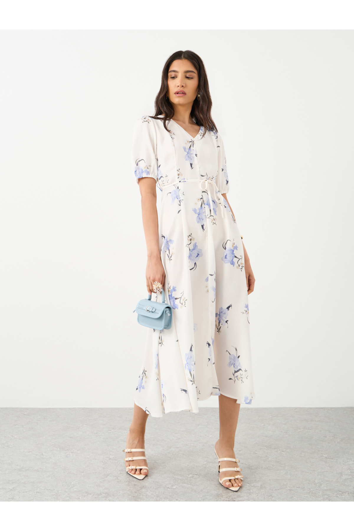 Styli Floral Print Puff Sleeve Waist Tie Midi Dress