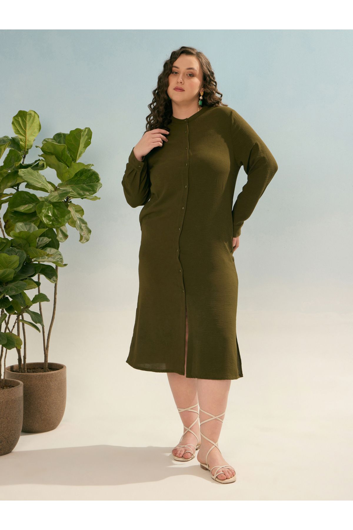 Sassafras By Styli-Plus Olive Shift Midi Dress with Front Button 6