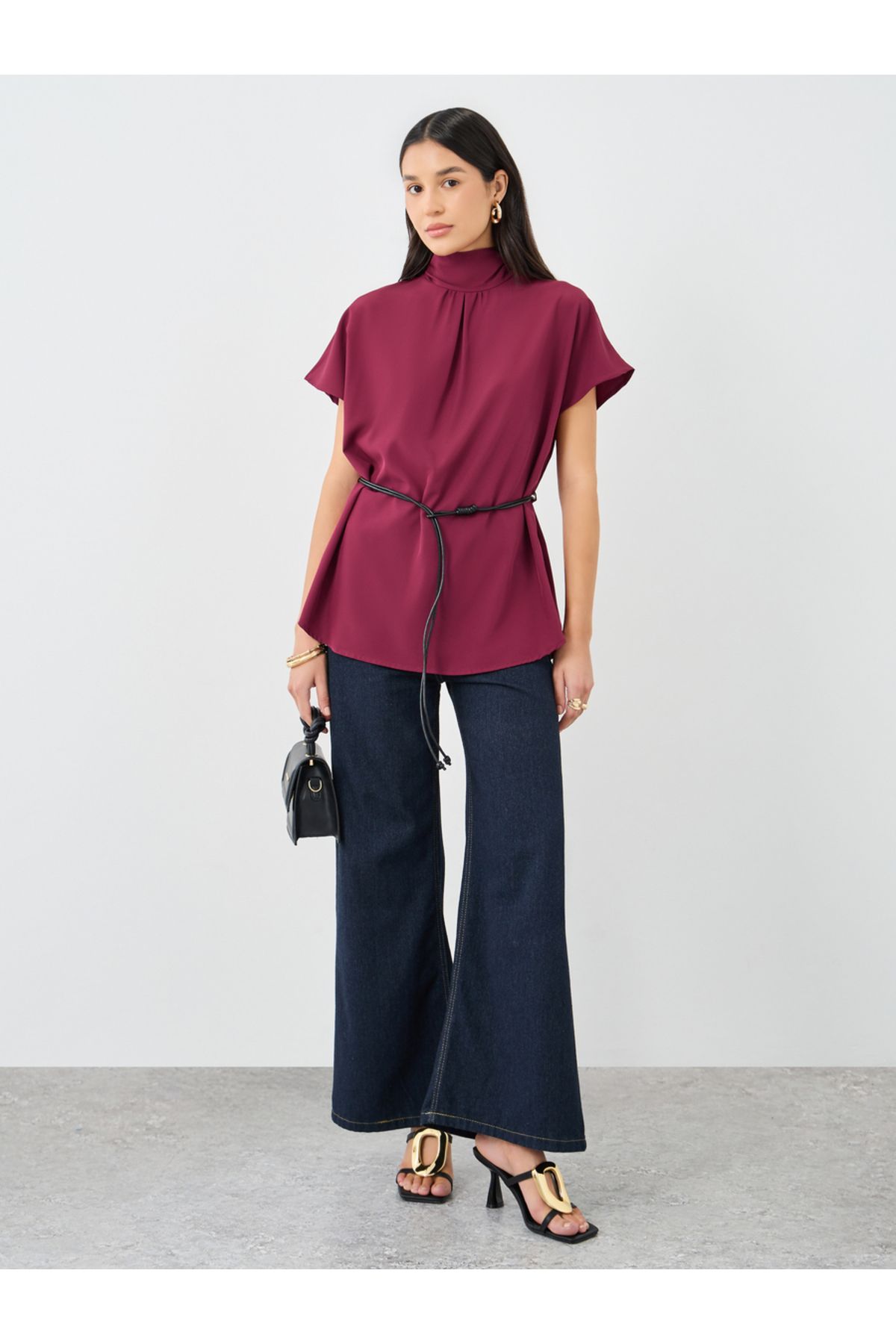 Styli-Burgundy High Neck Blouse with Loop String Belt 2