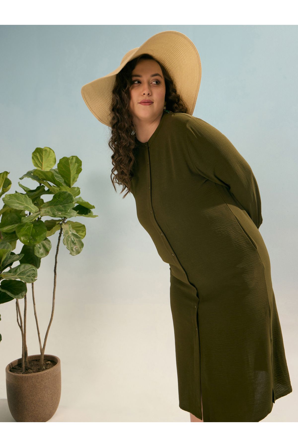 Sassafras By Styli-Plus Olive Shift Midi Dress with Front Button 1