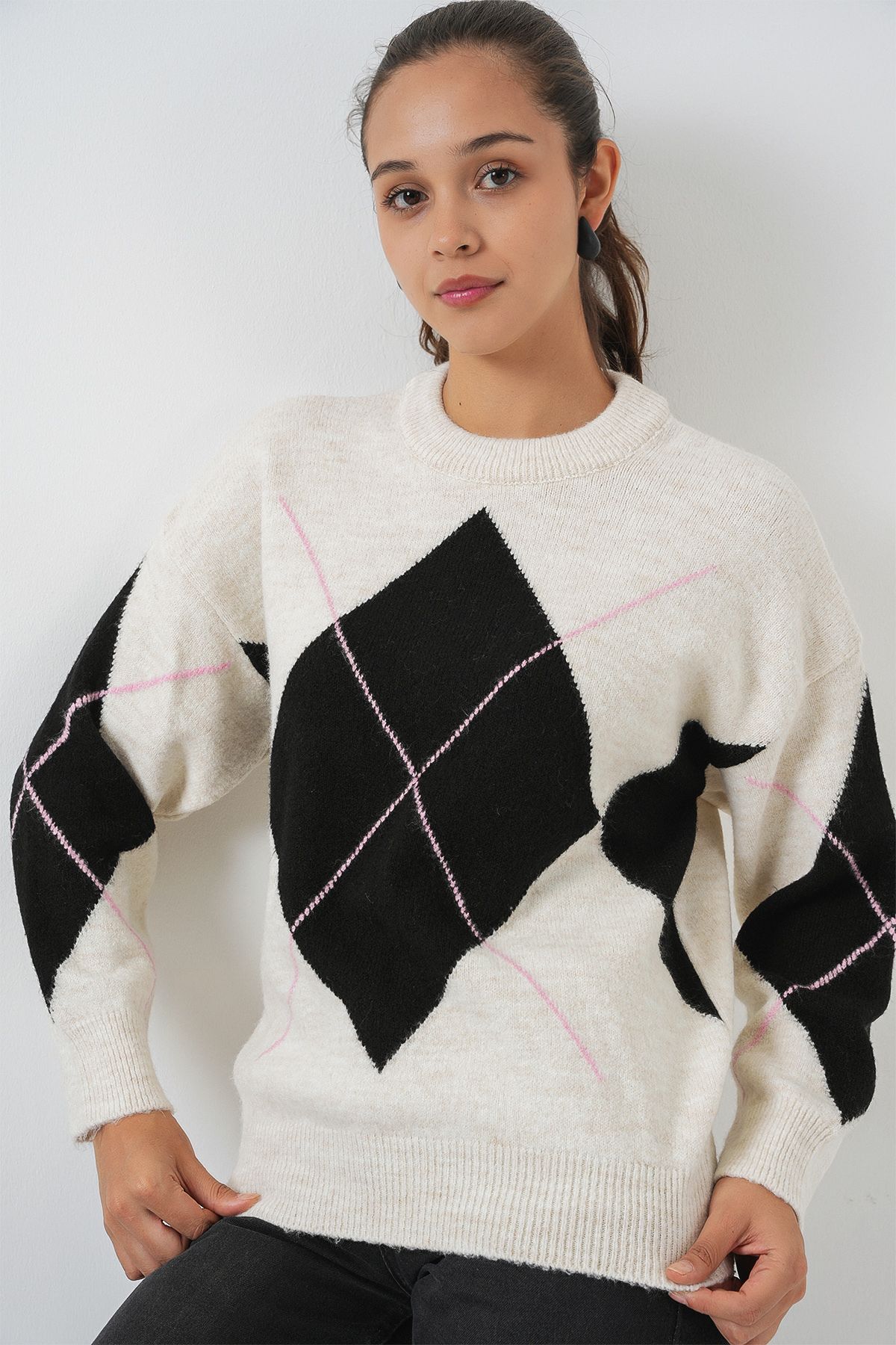 Bigdart-15895 Diamond Patterned Oversize Knitwear Sweater - T. Ecru 4