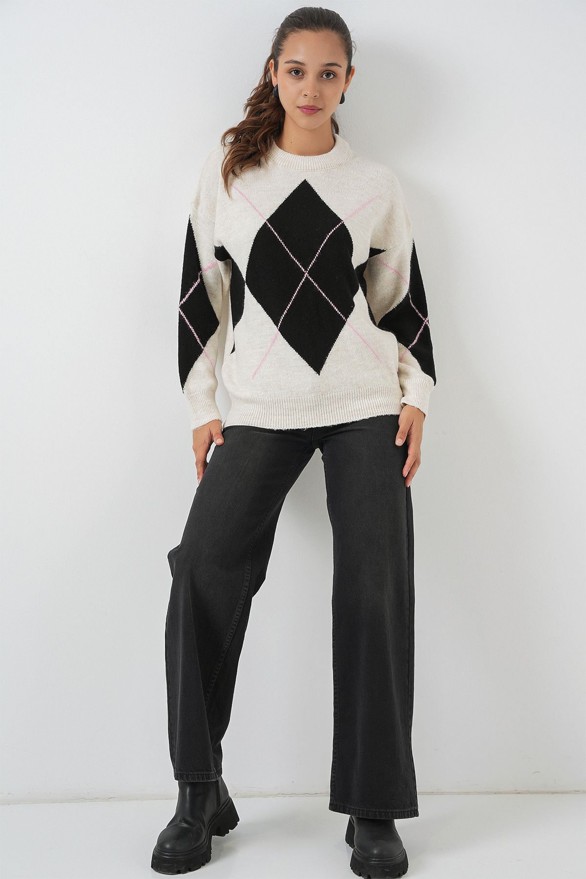 Bigdart-15895 Diamond Patterned Oversize Knitwear Sweater - T. Ecru 2