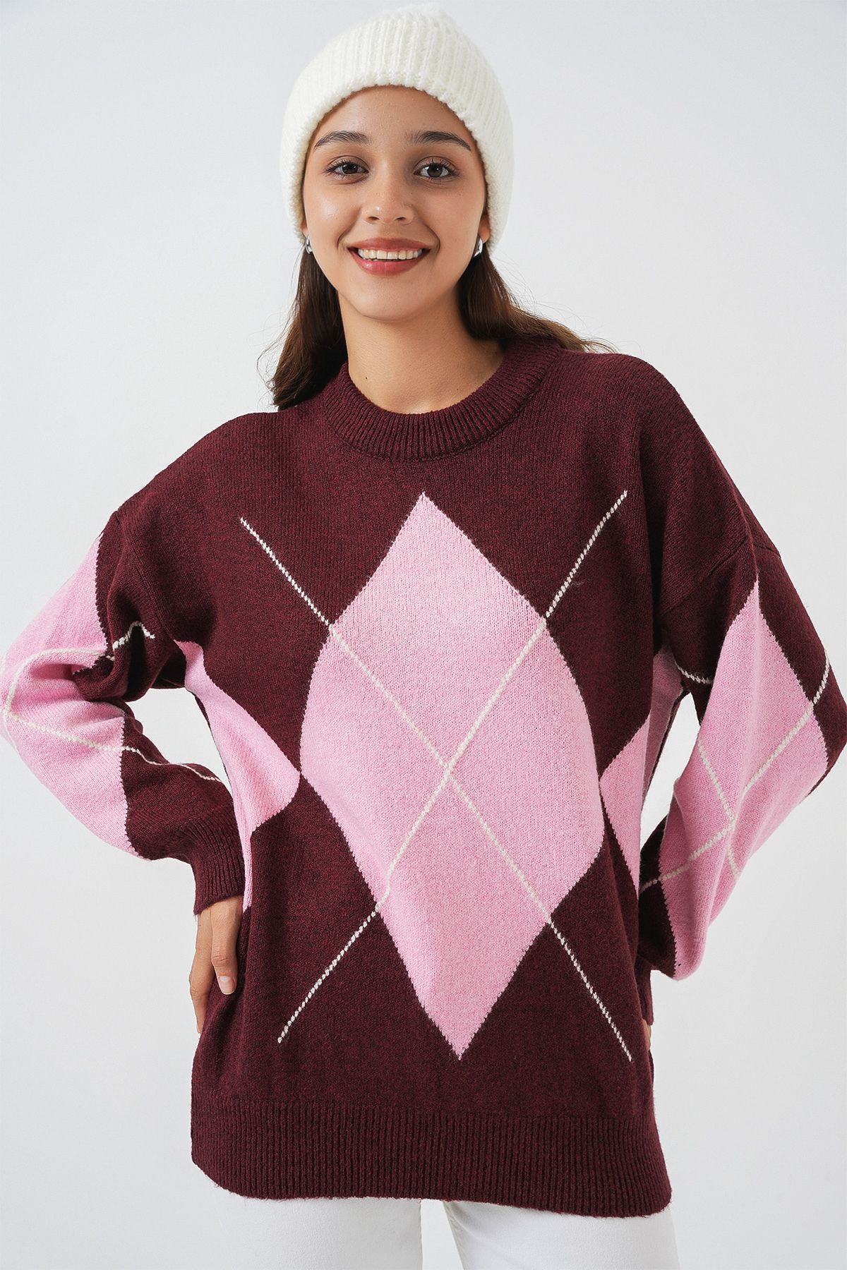 Bigdart-15895 Diamond Patterned Oversize Sweater - Claret Red 4