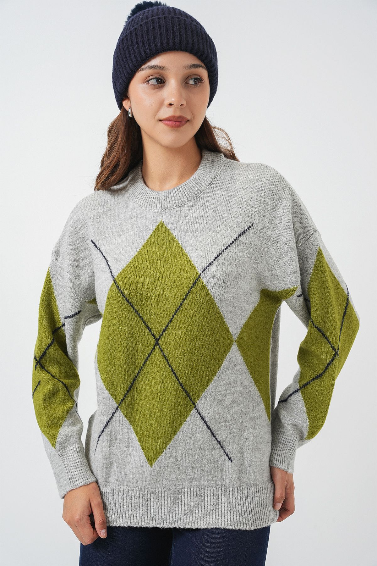 Bigdart-15895 Diamond Patterned Oversize Knitwear Sweater - C.Gray 4