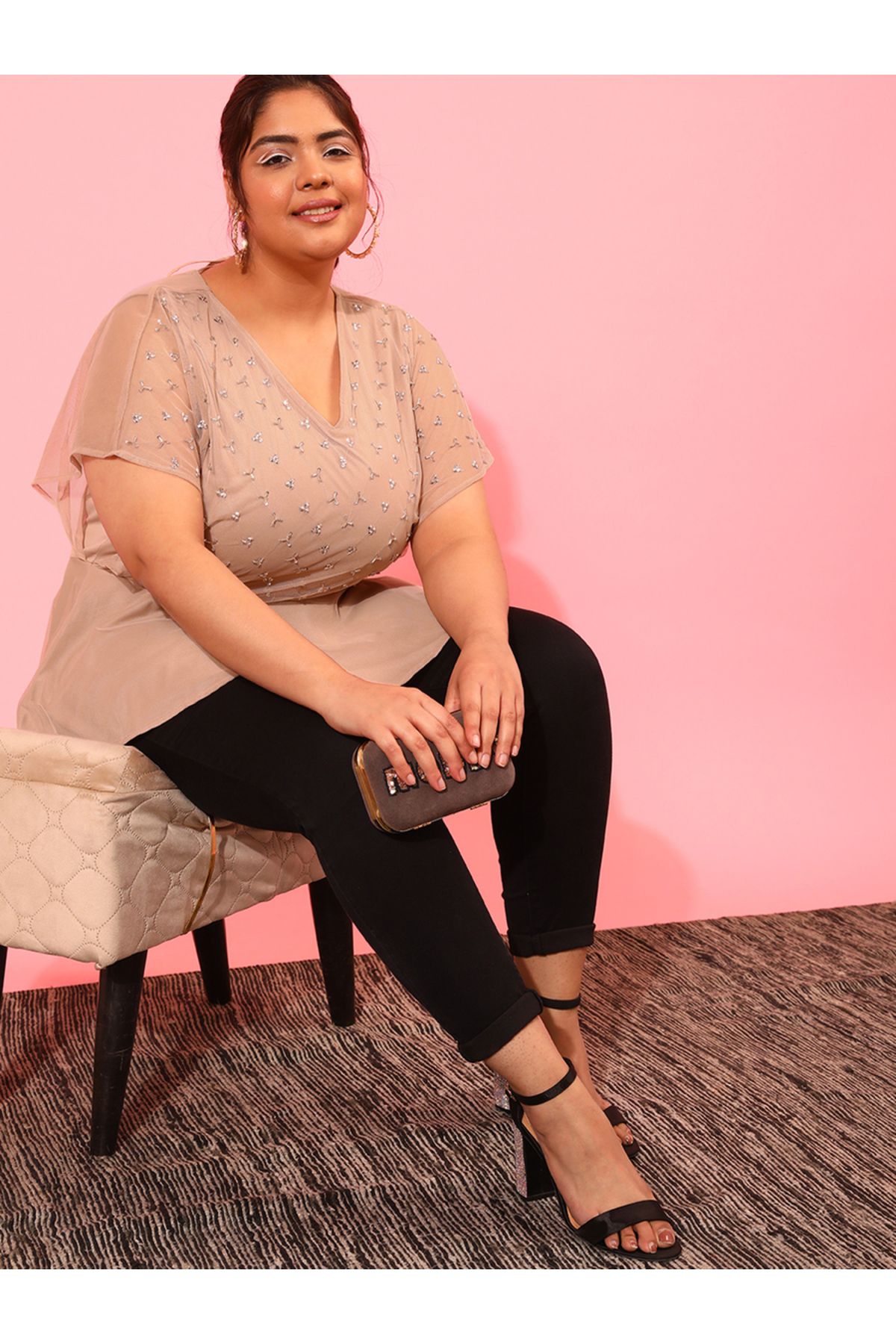 CURVY STREET By Styli-Plus Peplum Top with Sequined Embellished Net 3