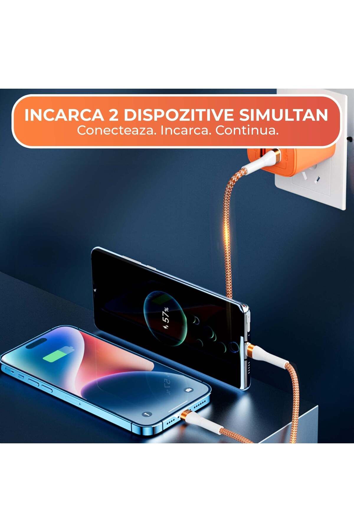 Timebox-Cablu de încărcare și transfer de date 2 în 1, încărcare rapidă 65W, 1,5 m, USB-C, Tip-C, Lightning, Portocaliu 3