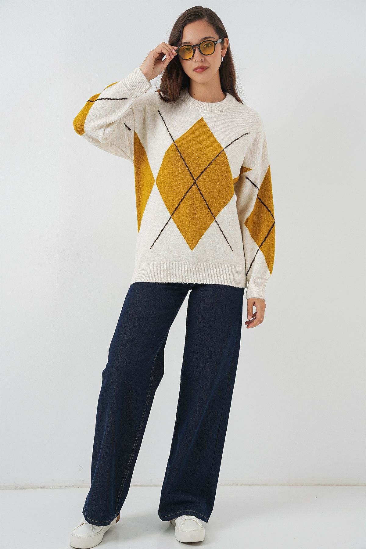 Bigdart-15895 Diamond Patterned Oversize Knitwear Sweater - A.Ekru 2