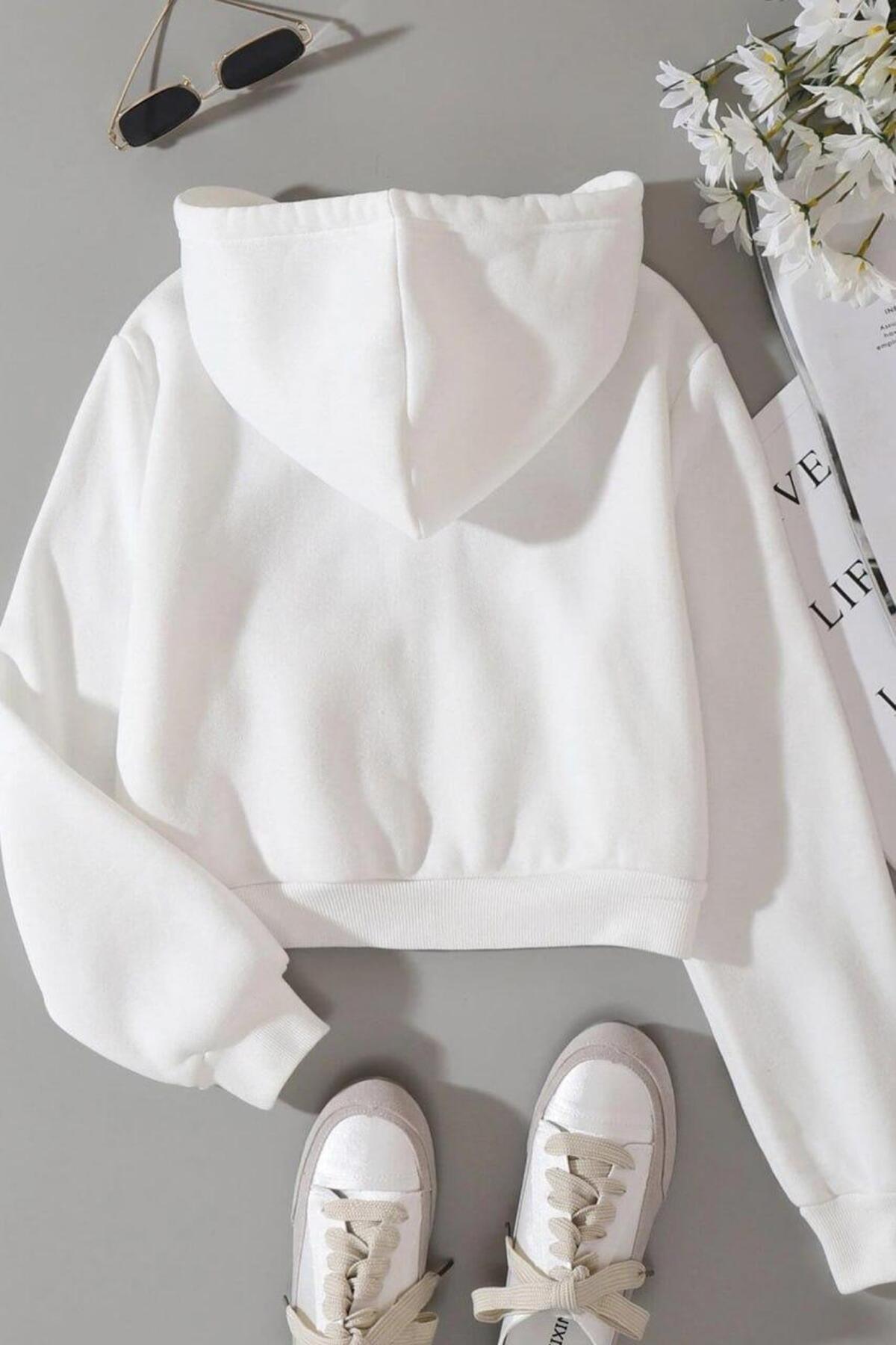 Streetwear Fermuarlı Uzun Kollu Beyaz Crop Hırka — رنگارنگ TZ8403 — تصویر 3 از 3