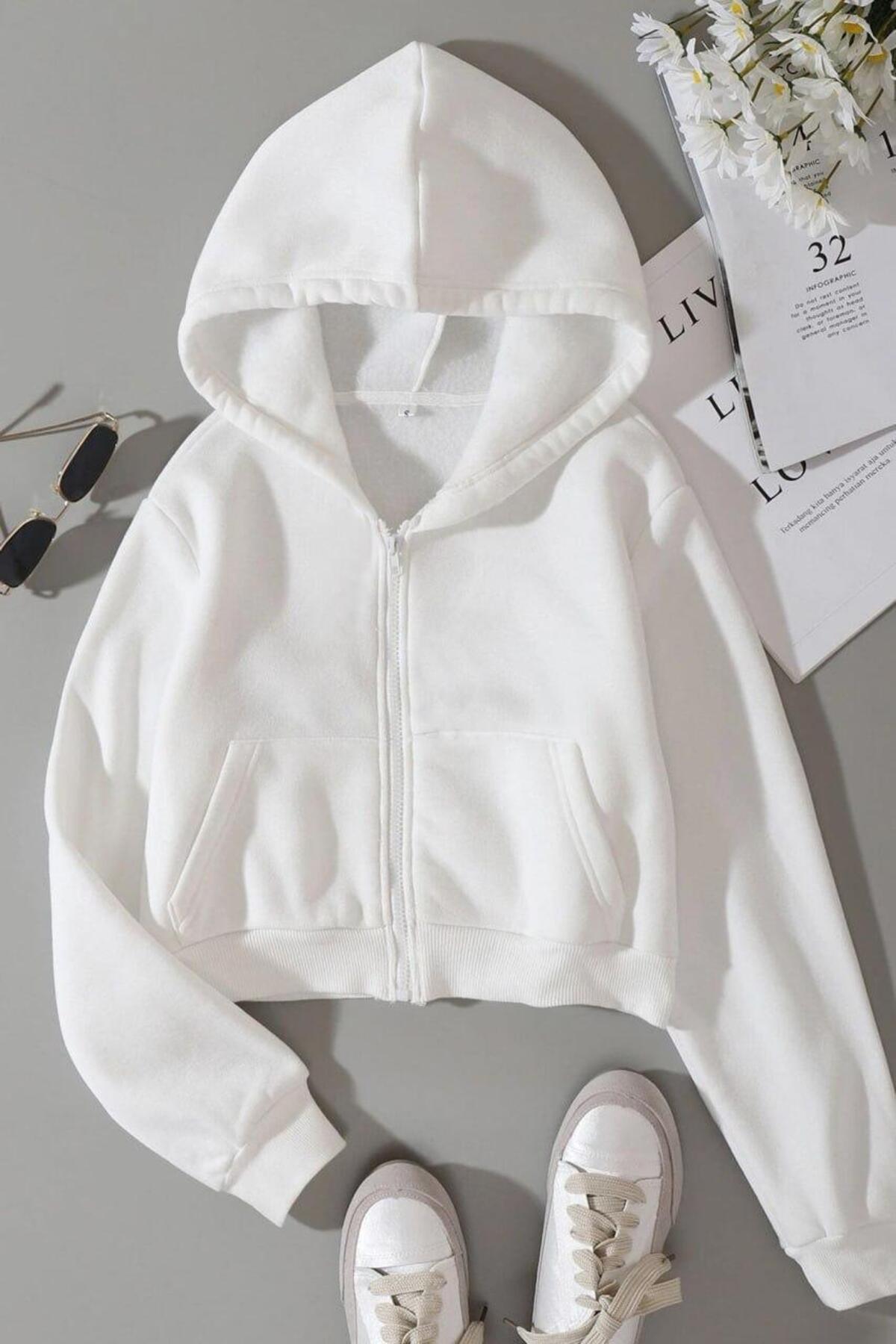 Streetwear Fermuarlı Uzun Kollu Beyaz Crop Hırka — رنگارنگ TZ8403 — تصویر 2 از 3