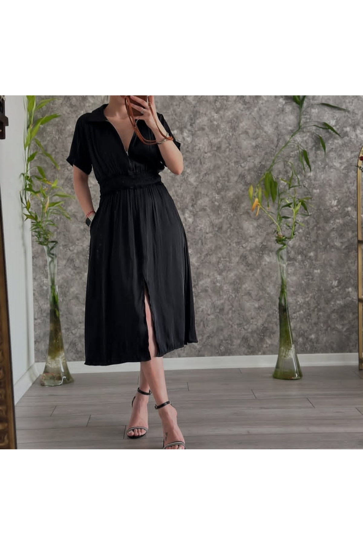Serra Women's Black Zippered Elastic Waist Slit Detailed Dress- Trendyol