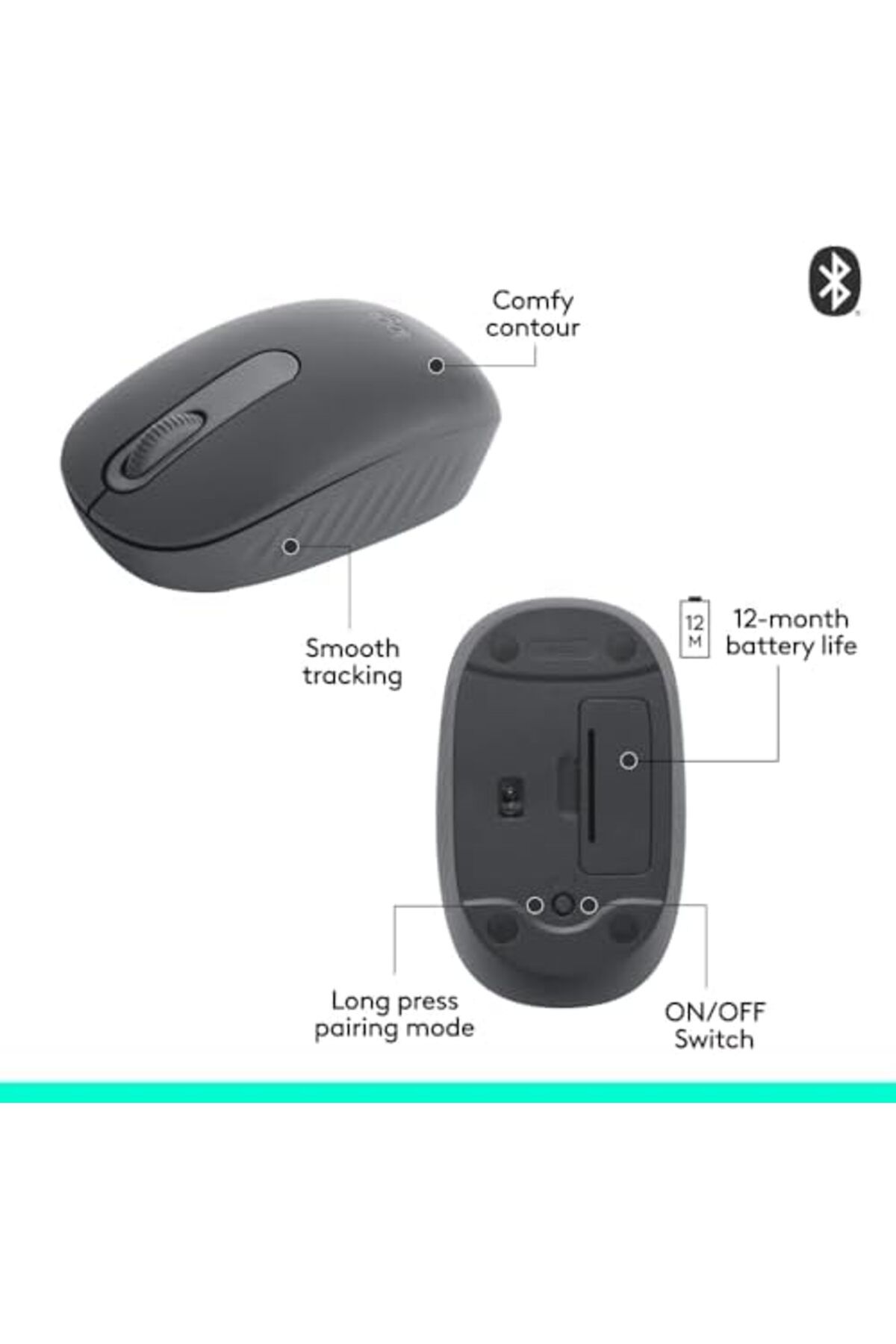 logitech-ماوس لاسلكي M196 بتقنية البلوتوث، ماوس صغير الحجم وقابل للحمل لأجهزة الكمبيوتر المحمولة والأجهزة اللوحية والمزيد، 12 8