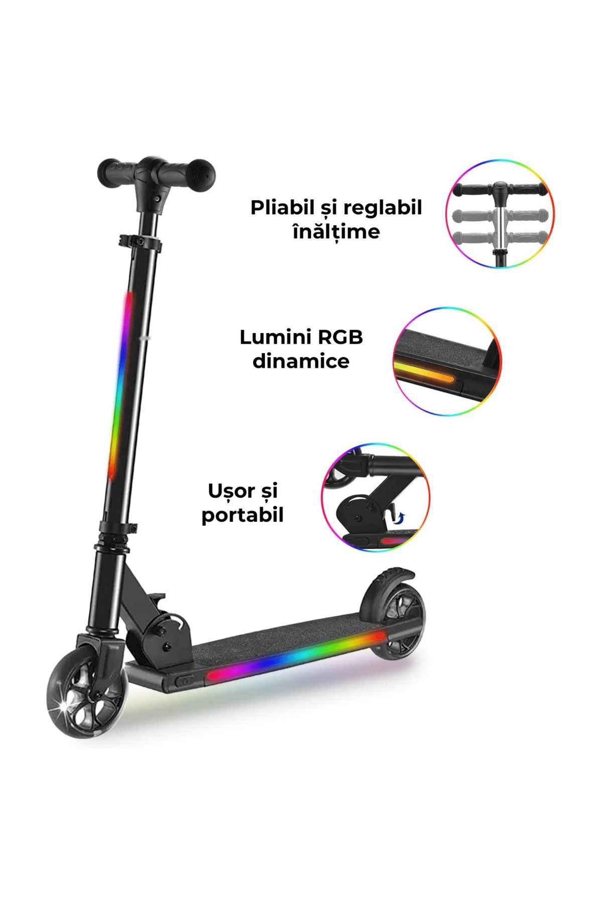 Elindor-2-Wheel Scooter for Kids, Foldable and Portable, RGB LED Lights, Height Adjustable Handle, Black 3
