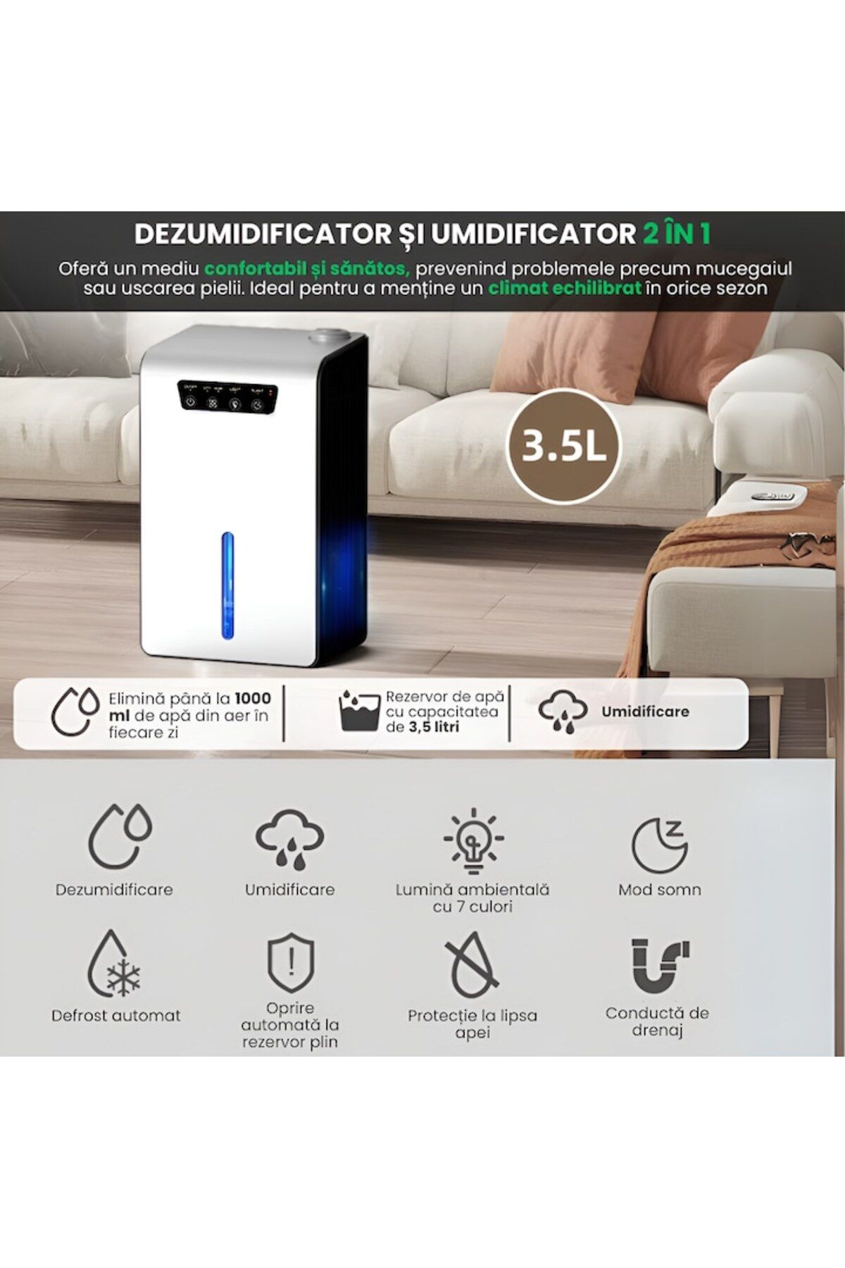 OmniDC-Smart 2-in-1 Dehumidifier and Humidifier, 3.5L, Ambient Lights, Ionization, Digital Control 3