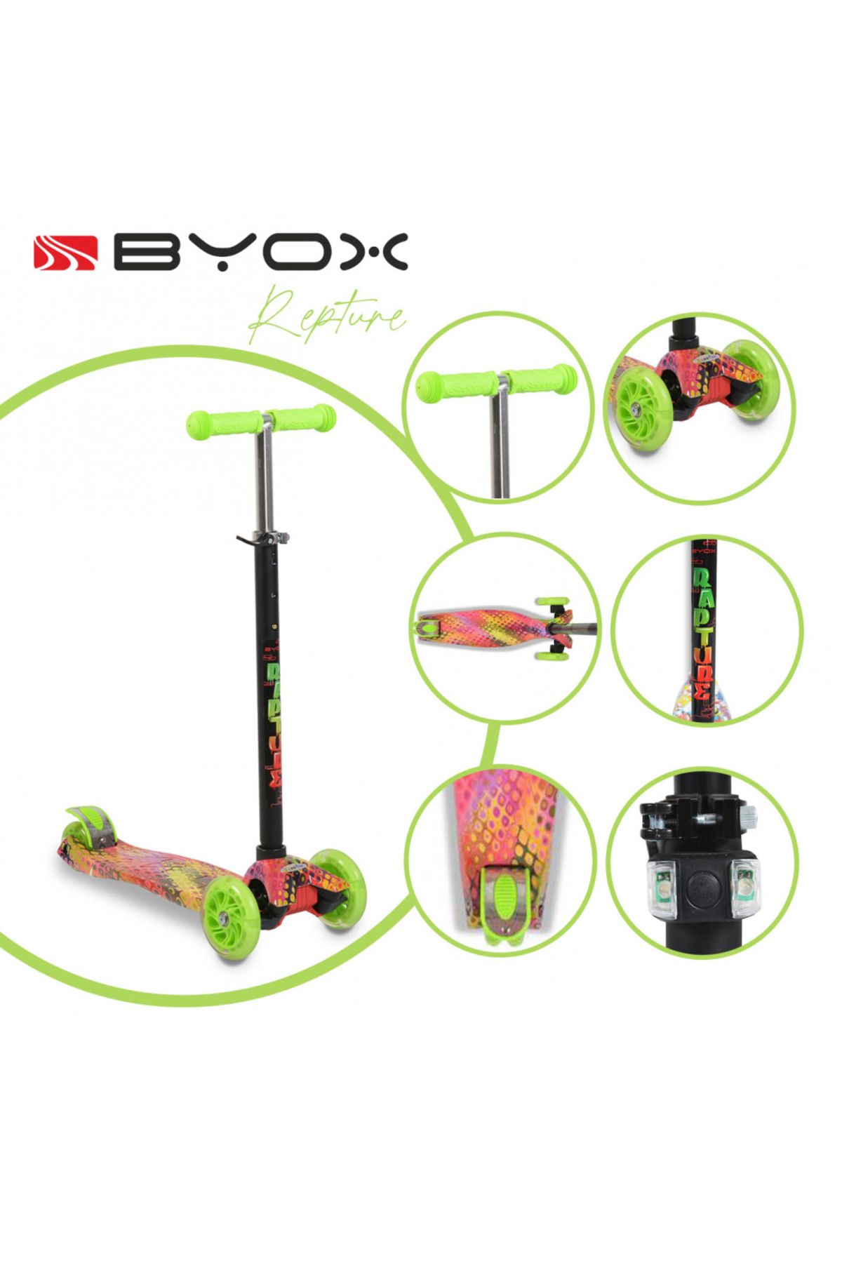 byox-Intuitive scooter with adjustable handlebar height, aluminum frame, PU wheels with lights, front light 1