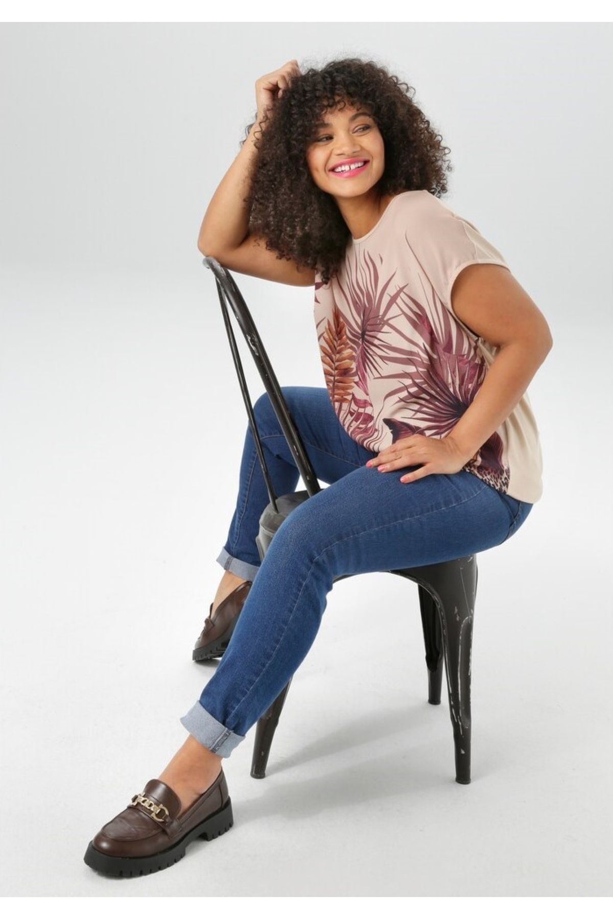 Şans-Women's Plus Size Mink, Front Patterned Crepe Fabric, Back Viscose Fabric Low Sleeve Blouse 65N39044 8