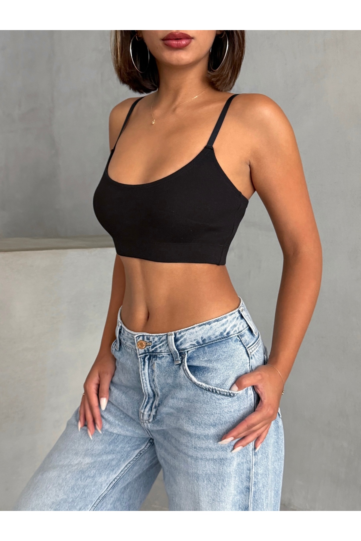 Look Forward kadın SİYAH kaşkorse ayar halkalı lastikli crop atlet görsel 2