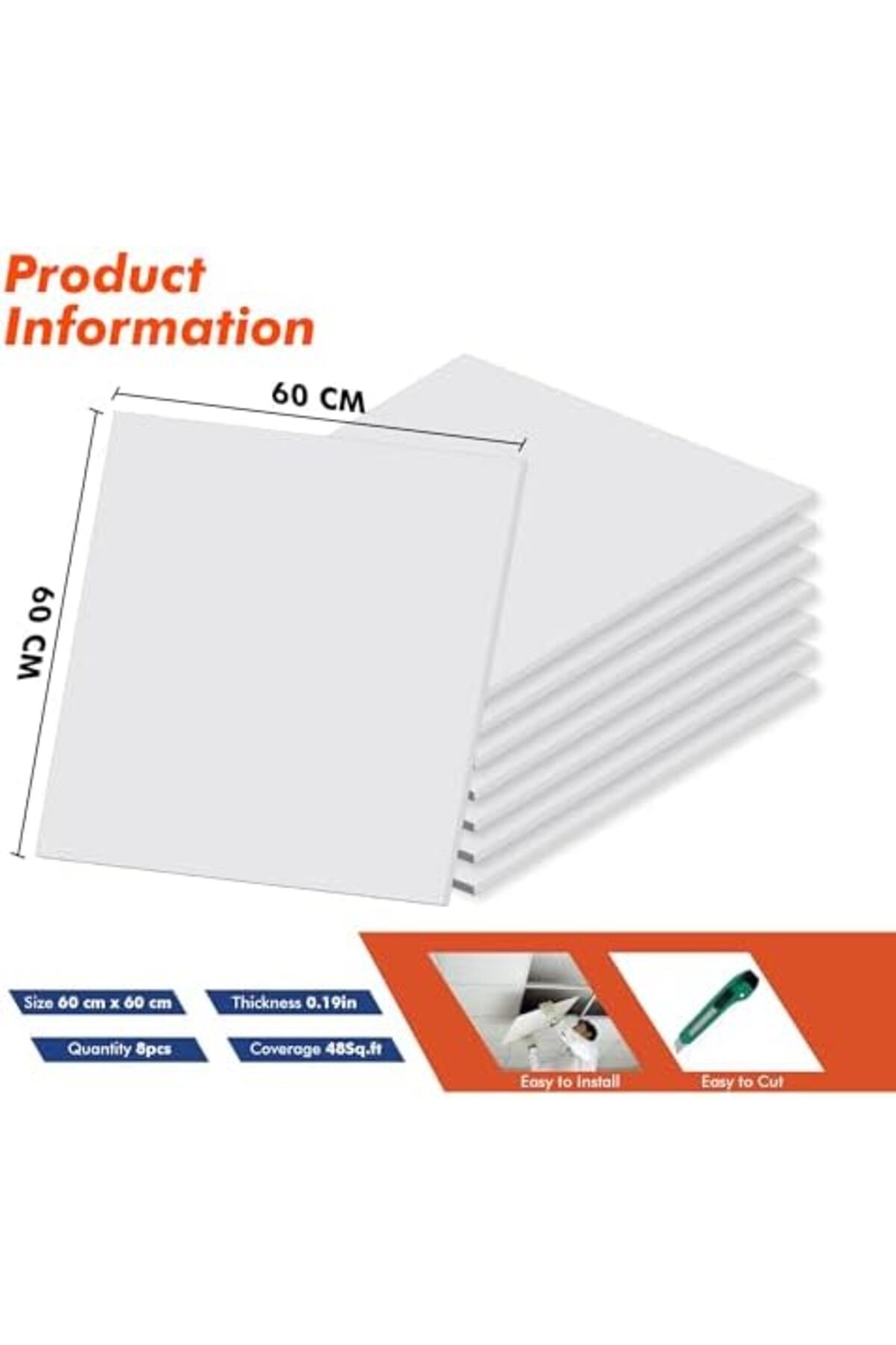 کاشی‌های سقفی مصنوعی فوق‌العاده نازک، سفید، ۶۰۰ × ۶۰۰ × ۷ میلی‌متر، بسته ۸ عددی