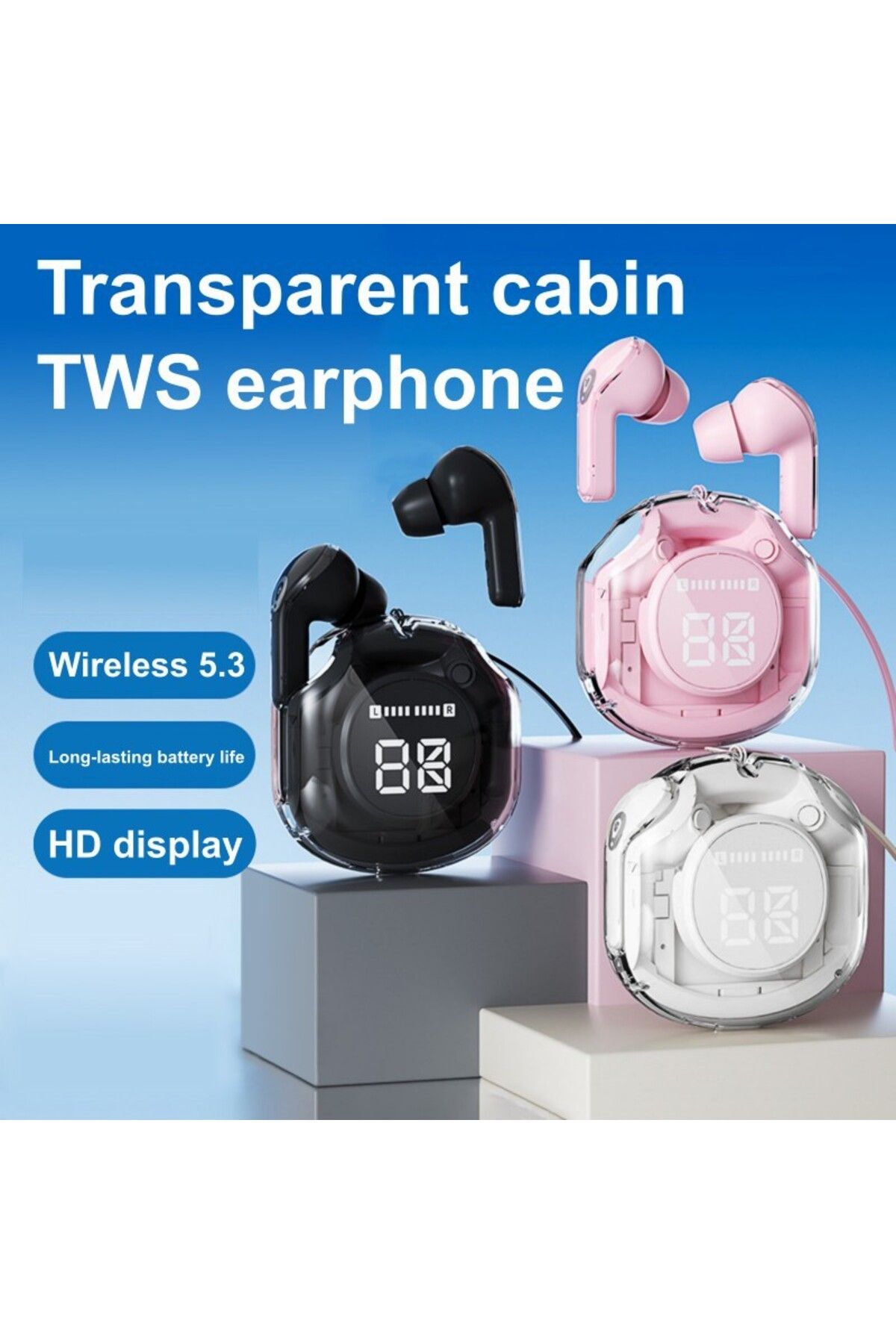 OEM-Smart Bluetooth TWS-EM-AIR39 Earbuds, 5.3, Pink, LED Display, Low Latency, Universal Compatibility 4