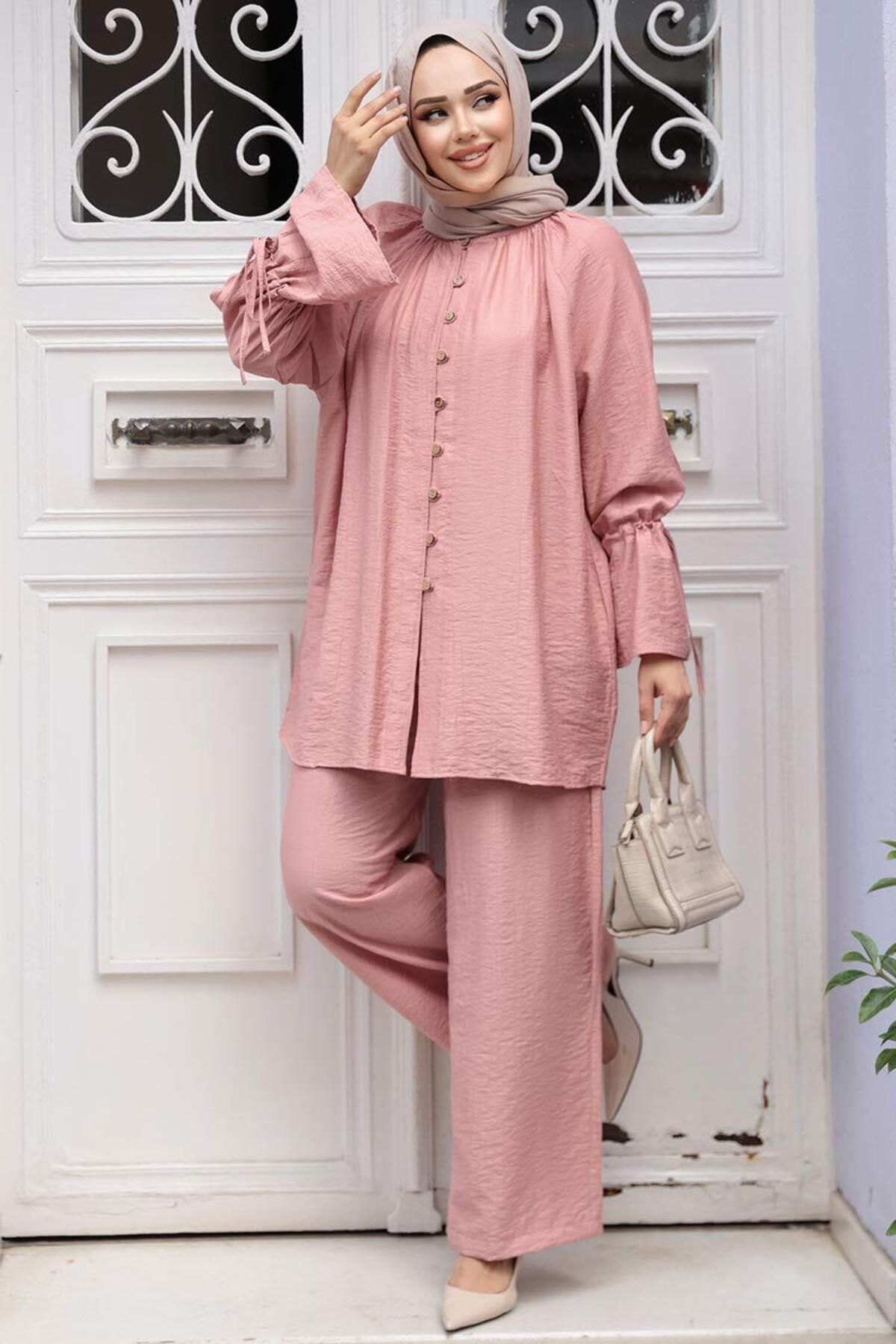 N.S NEVA STYLE-Buttoned Salmon Hijab Double Set 30451Smn 3