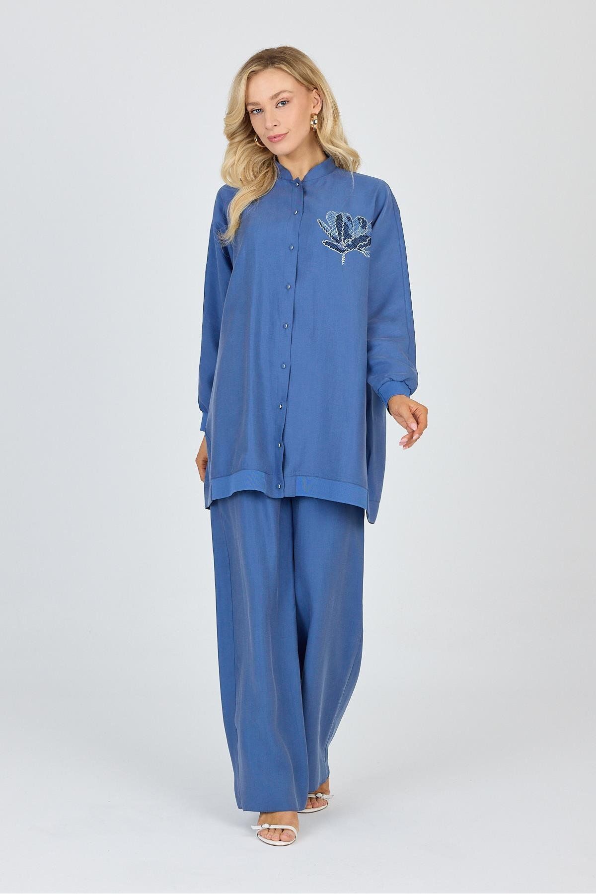 Zühre-Blue Double Suit with Stand Collar Processing Detail Tk-1610 3