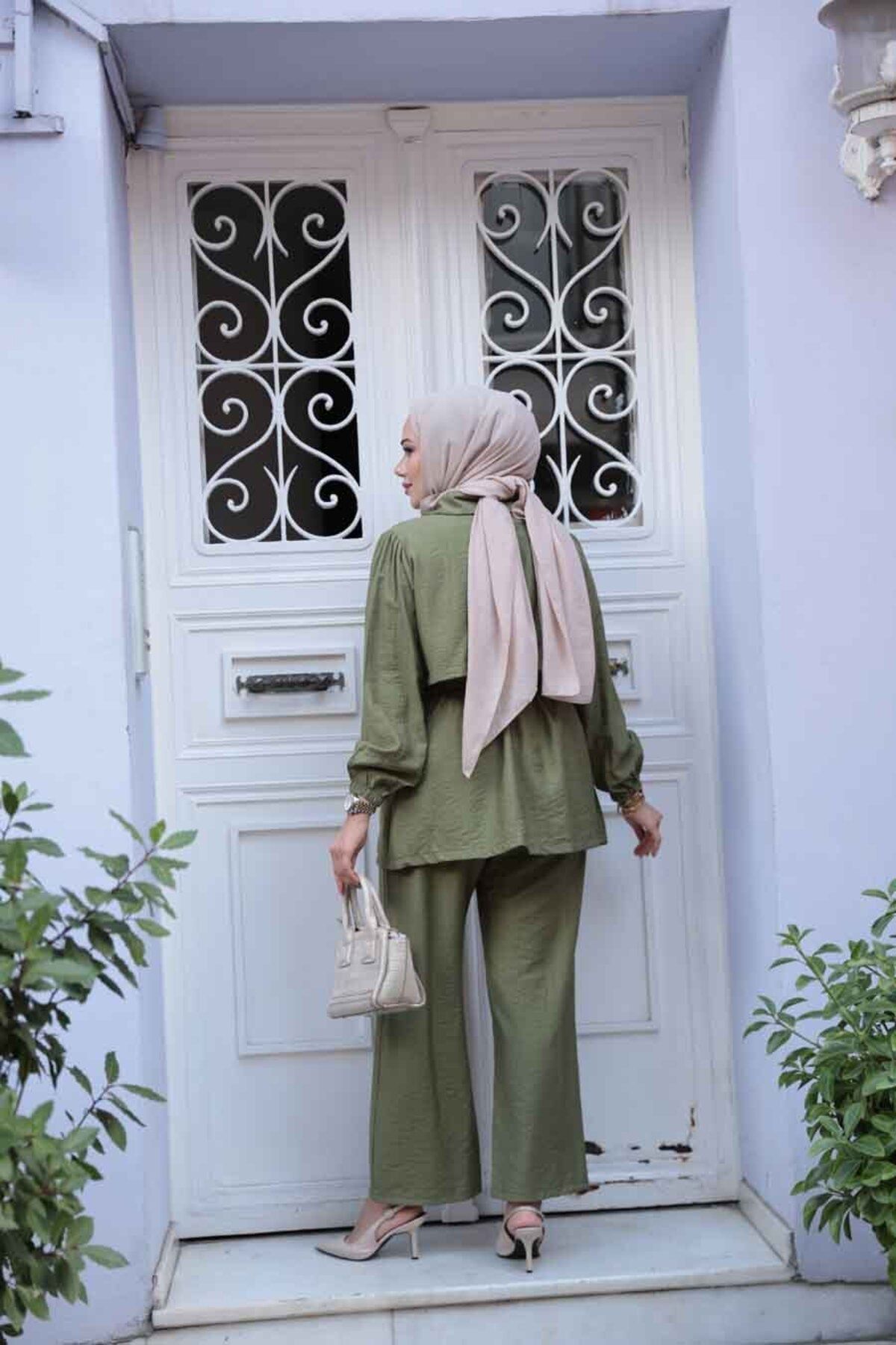 N.S NEVA STYLE-Button Detailed Khaki Hijab Double Set 40391Hk 3