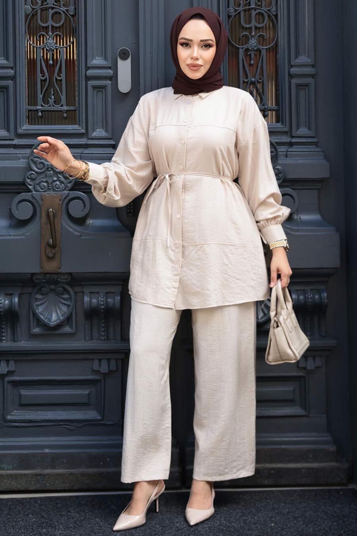 N.S NEVA STYLE-Buttoned Beige Hijab Double Set 60341Bej 3