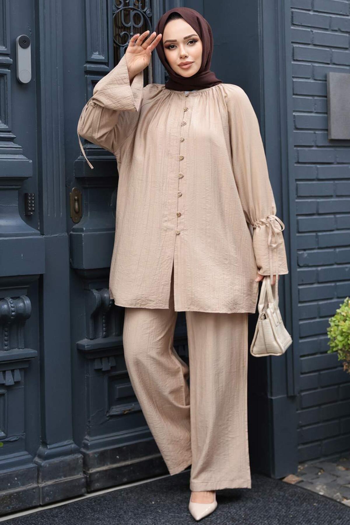 N.S NEVA STYLE-Buttoned Mink Hijab Double Set 30451V 3